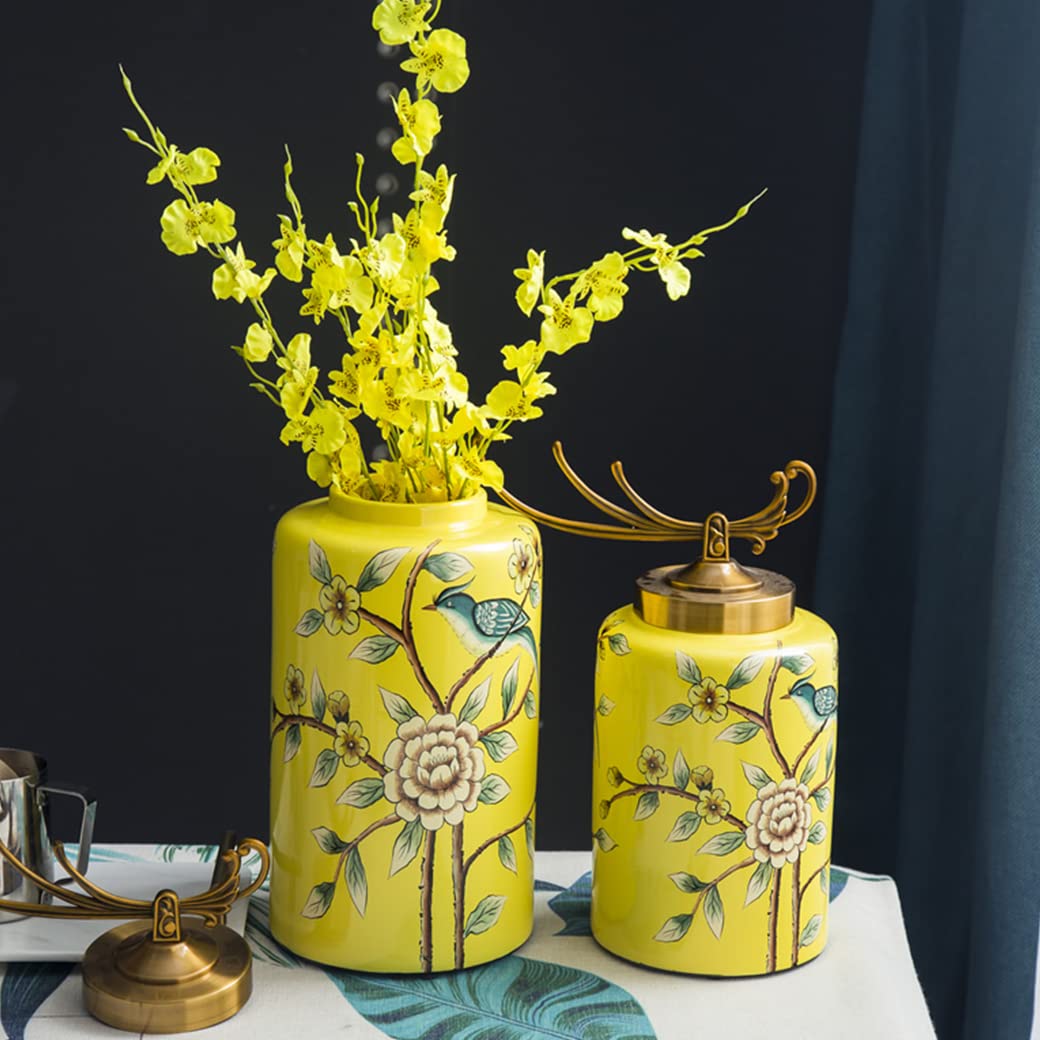 Vaso per fiori in ceramica gialla Chinoiserie per la decorazione della casa, motivi floreali e di uccelli Vaso per fiori Vaso cilindrico Decorazione per casa, ufficio, tavolo, soggiorno, libreria S
