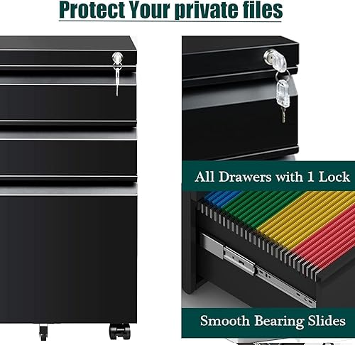 Miniatura 6 de Archivador móvil de 3 cajones con cerradura, archivador de metal debajo del escritorio para archivo legalcartaA4, totalmente montado excepto ruedas