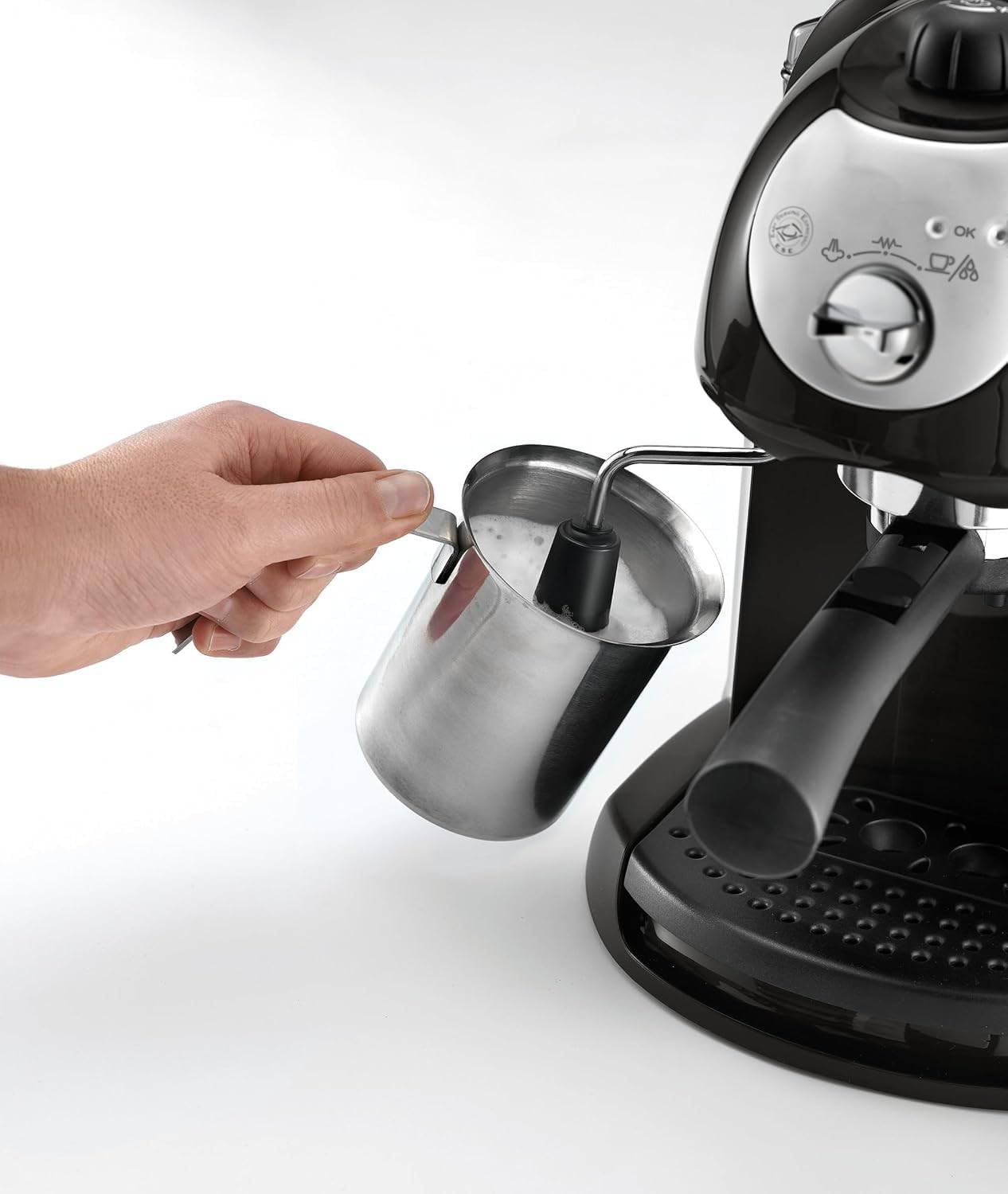 Generico Macchina manuale da Caffè Espresso e Cappuccino, Caffè in Polvere o in Cialde, Montalatte classico per Cappuccini, Serbatoio Estraibile da 1.1 L, Caldaia acciaio inox
