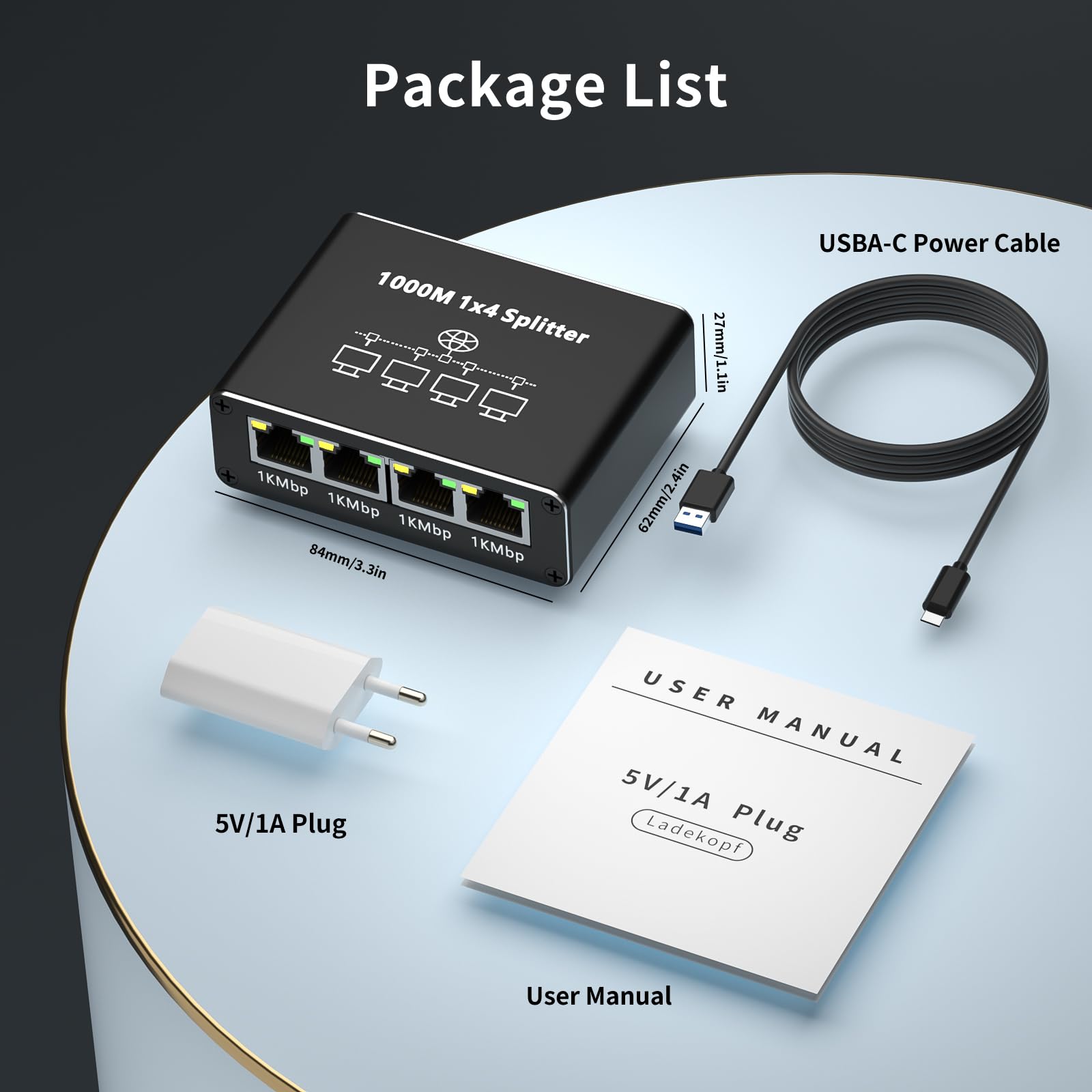 Switch RJ45 4 Ports 1000Mbps Switch Ethernet, Hub RJ45 Multiprise Ethernet 1 to 4 Splitter Avec USB-C câble et Chargeur pour Ordinateur,Hub, Network Switch, Routeur, Set-Top Box, Digital TV