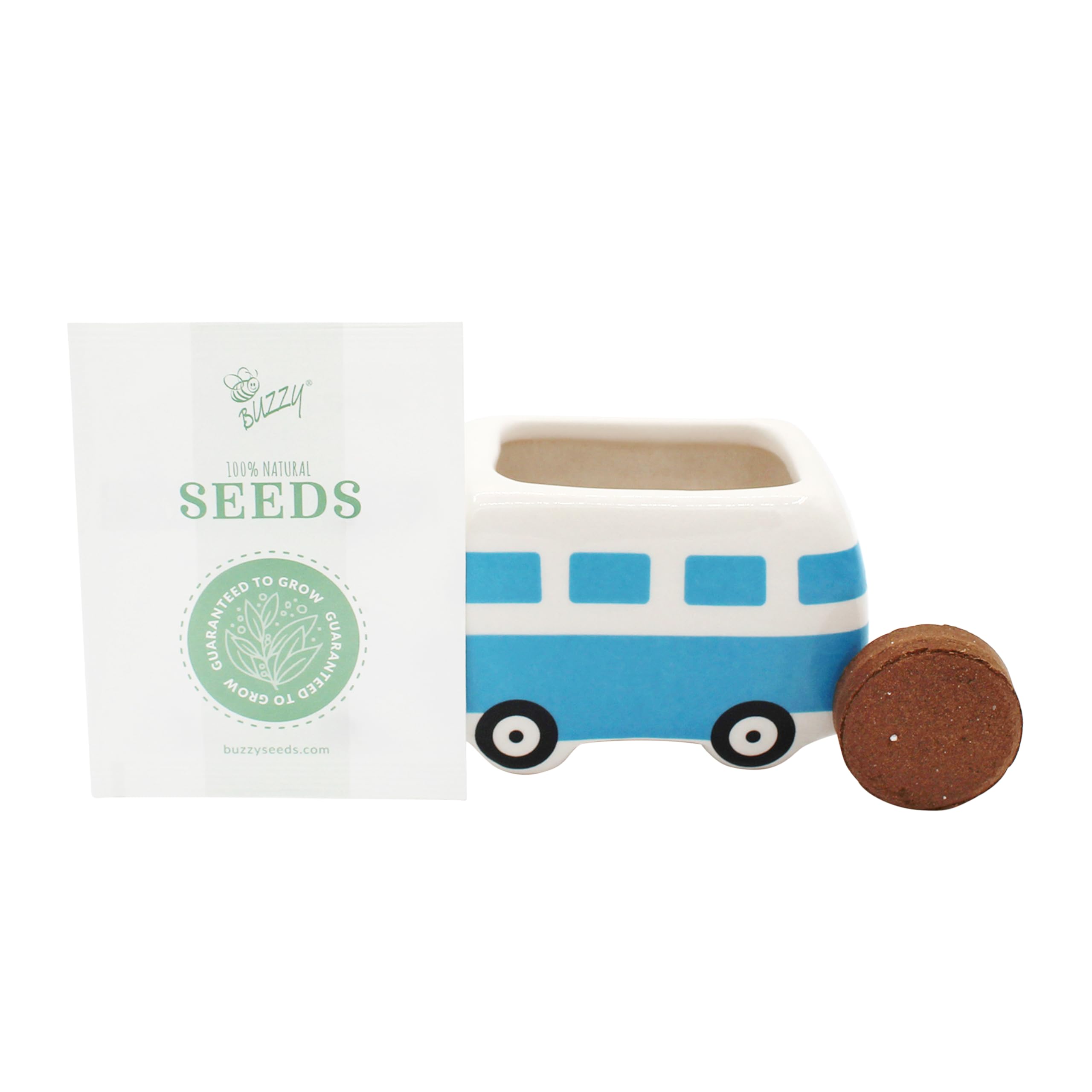BUZZY Samen-Mini-Blumenbus-Anbauset aus Keramik, 4 Stück, Bus-Keramik-Pflanzgefäß, komplettes Gartenset für drinnen und draußen, mit Samen, Kokosnussschalen-Wachstumsmedium und echten Töpfen