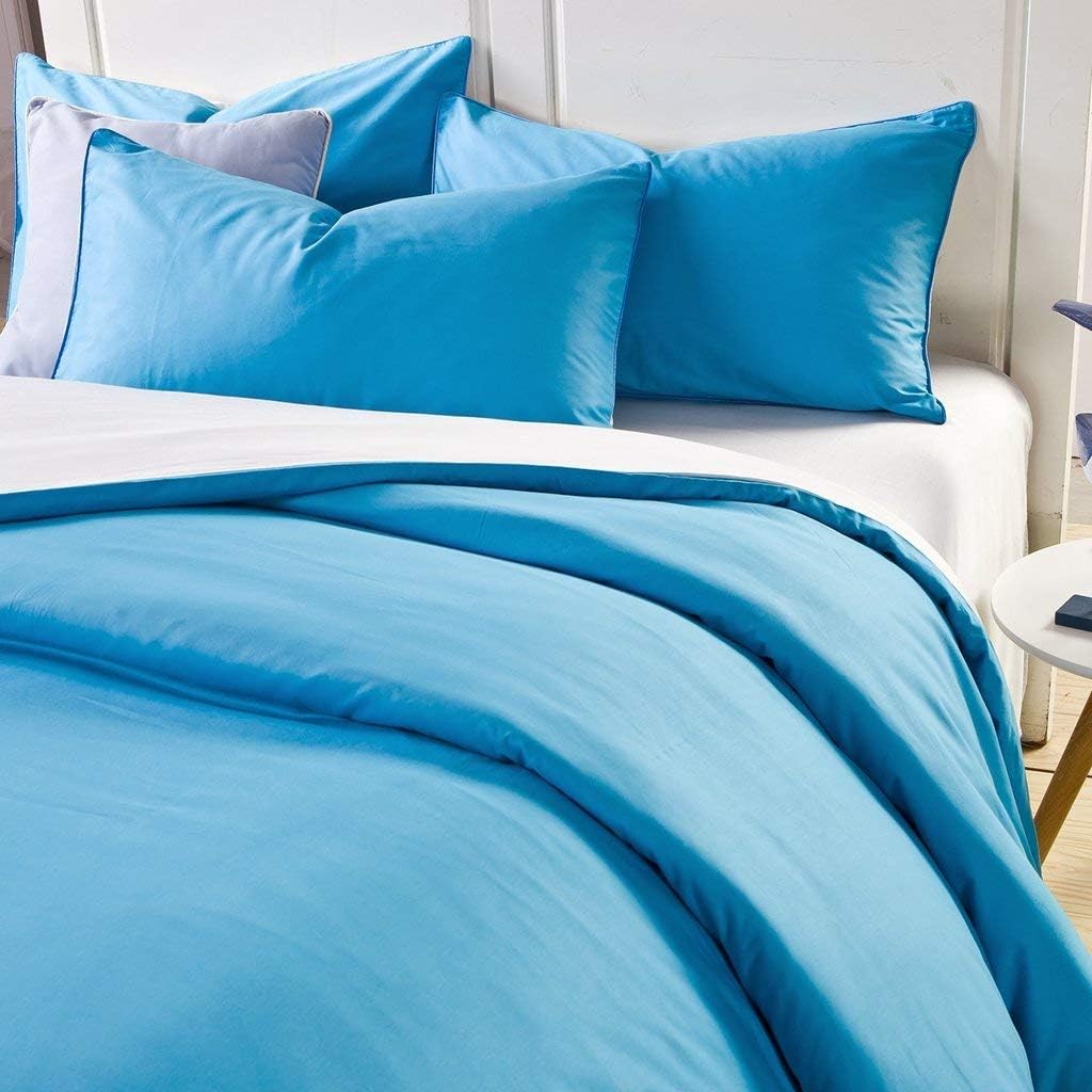 Duvet Set 100 Cotton Reversible Solid Color Soft Duvet Cover Set 4 Pieces( 1 Duvet Cover with 1 Fitted Sheet and 2 Pieces Pillow Shams) (Queen 4 Pcs, Blue and Silver Grey)