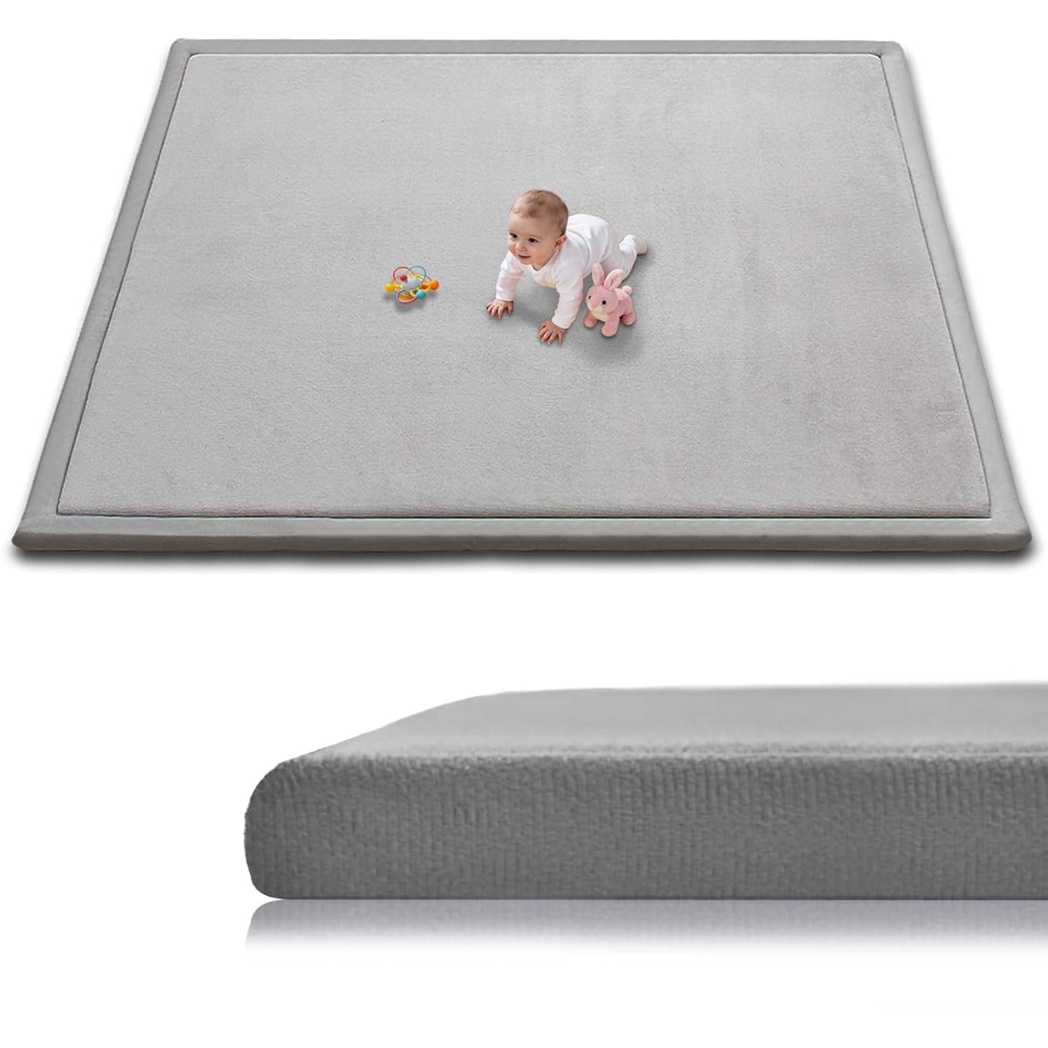 Baby Play Mat for Floor, 79'' x 71'' Thicken Foam Soft Padded Playmat for Tummy Time, Playpen Mat for Toddlers Infant Kids, Water-Repellent Coral Velvet, Non-Slip Bottom Safe for Crawling, Light Grey