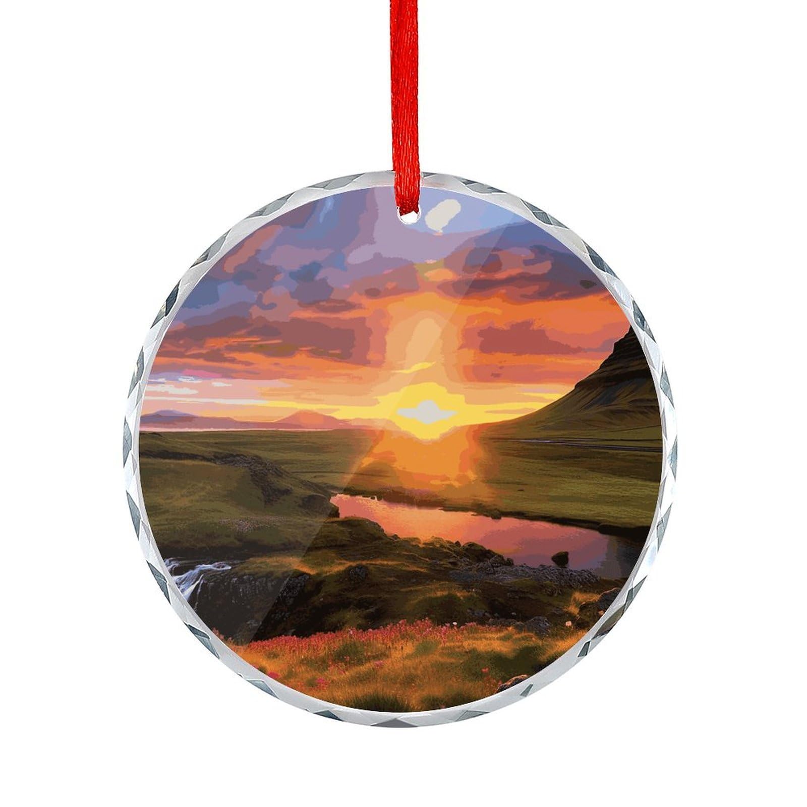 Btcowzrv Style Iceland Sunset Round Ornament Hanging Pendant Decor