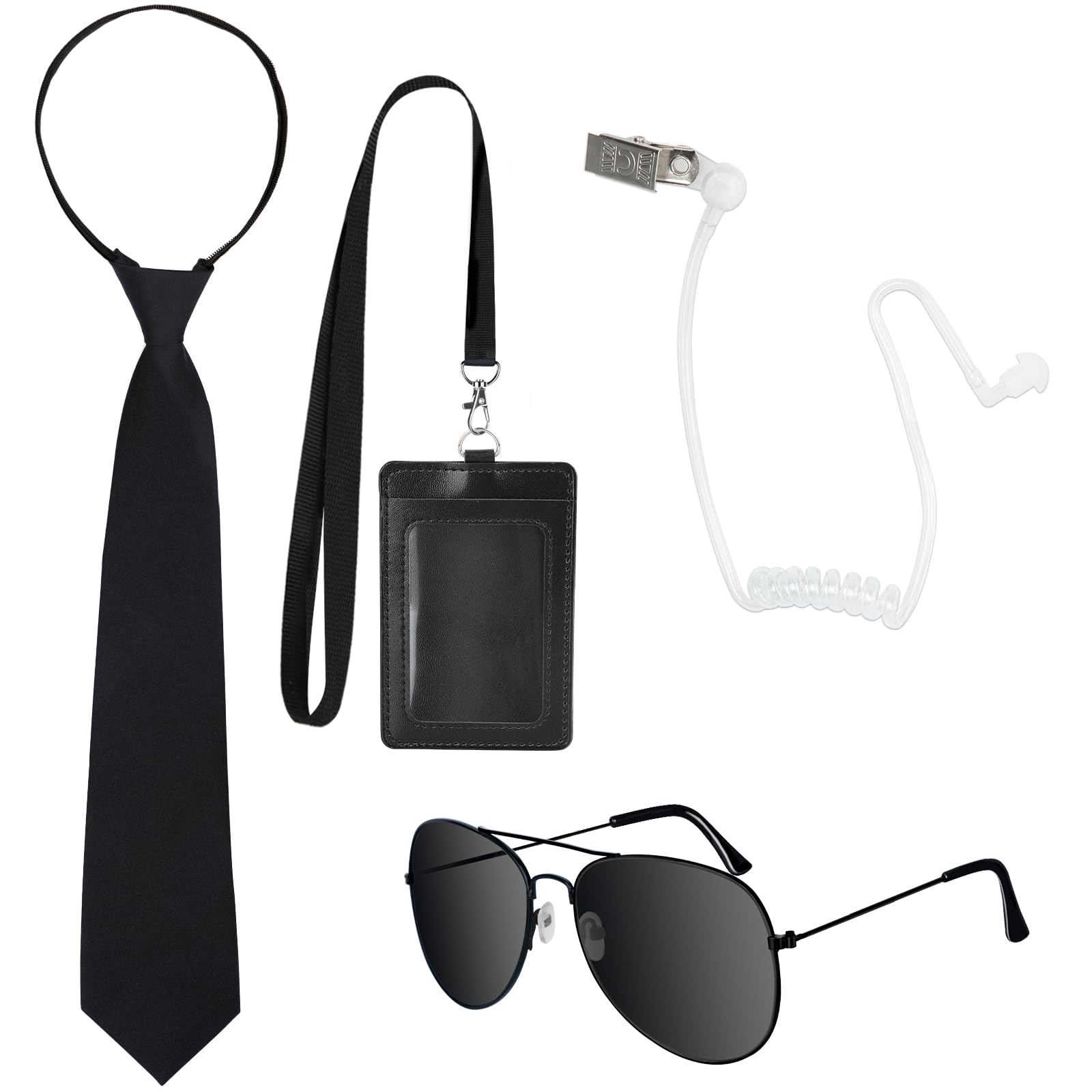 4PCS Secret Agent Accessories, Secret Service Costume Set with Adjustable Zipper Ties Sunglasses Fake Earpiece ID Card for Adult Kids Halloween Cosplay