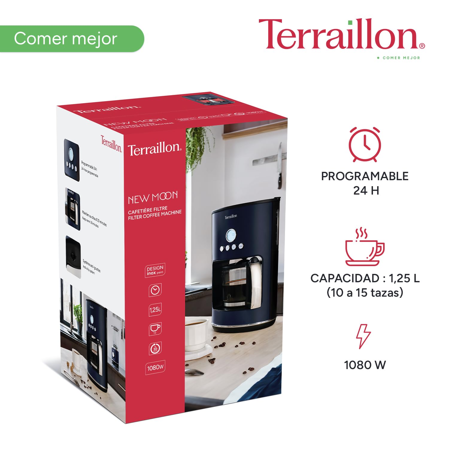 Terraillon - Cafetera de filtro eléctrico, programable, jarra de cristal, 1080 W, capacidad 1,25 L, mantenimiento caliente, función antigoteo, filtro extraíble, cuerpo de acero inoxidable pintado