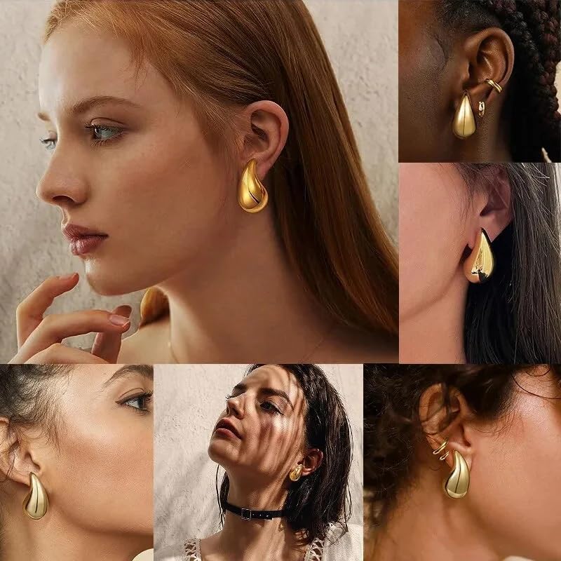 Small Teardrop Gold Chunky Earrings for Women,Thick Gold Plated Hoop Hypoallergenic Water Drop Earring Dupes for Women 18MM