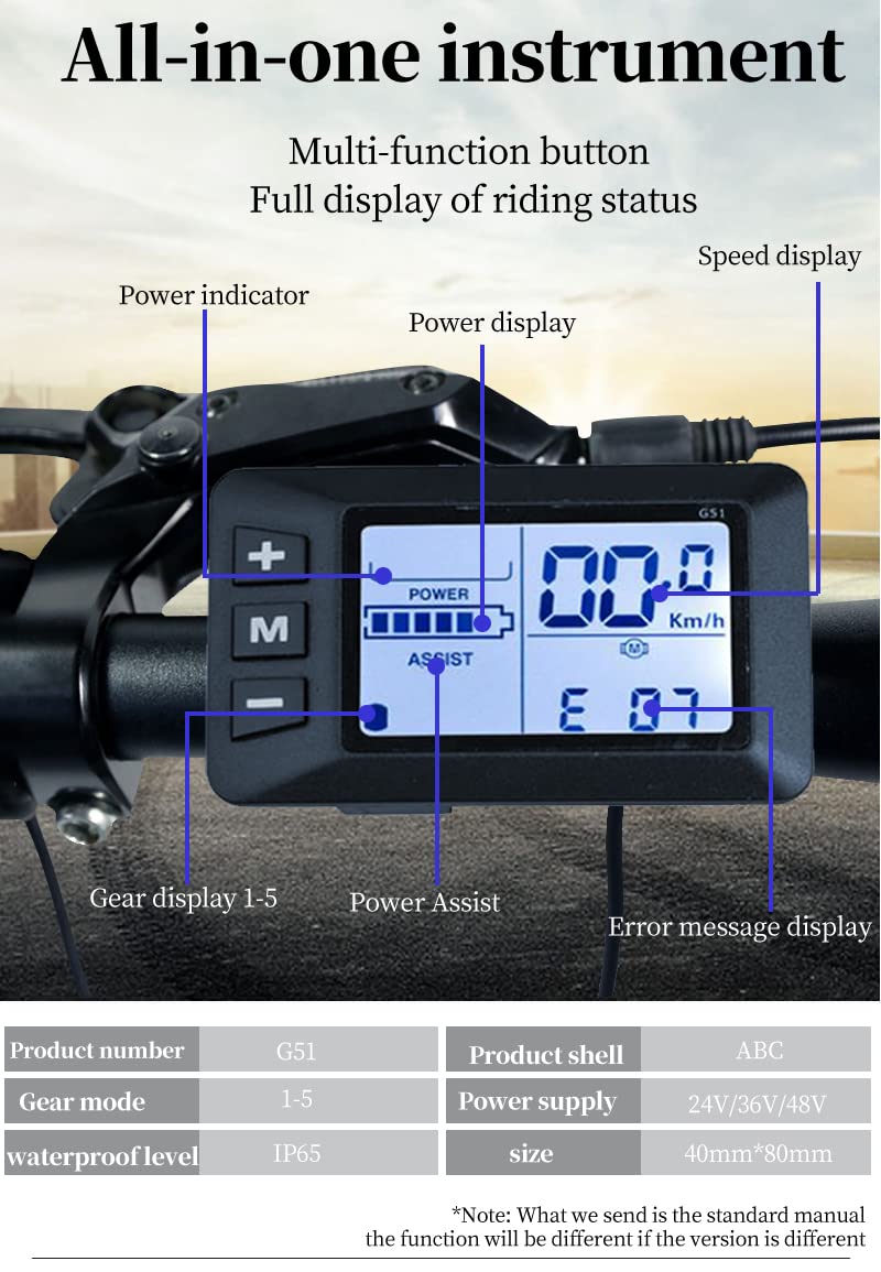 Panel de Pantalla del Controlador de Bicicleta eléctrica E Medidor de Repuesto G51 LCD de 5 Pines 24/36/48 V Ciclocomputador para Bicicleta Scooter Conector del Acelerador Protocol