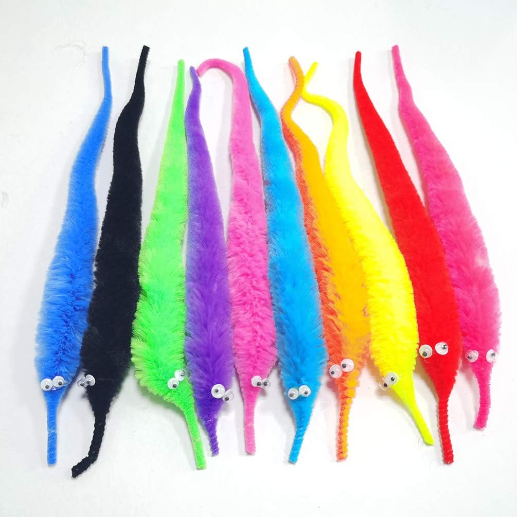 SHENGSEN 100 Pack Fuzzy Worm Toys String Pets Fuzzy Worms On String Bulk Trick Toy Party Favors for Kid Cat (10 Colors)