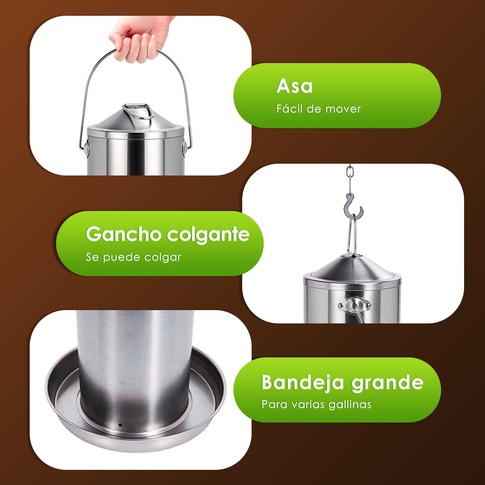 Bebedero para Pollos de Acero Inoxidable 4 litros, dispensador de Agua para Aves con Recarga automática por Gravedad, Fuente de Agua para Colgar o Colocar en el Suelo, Ideal para Patos, Palomas