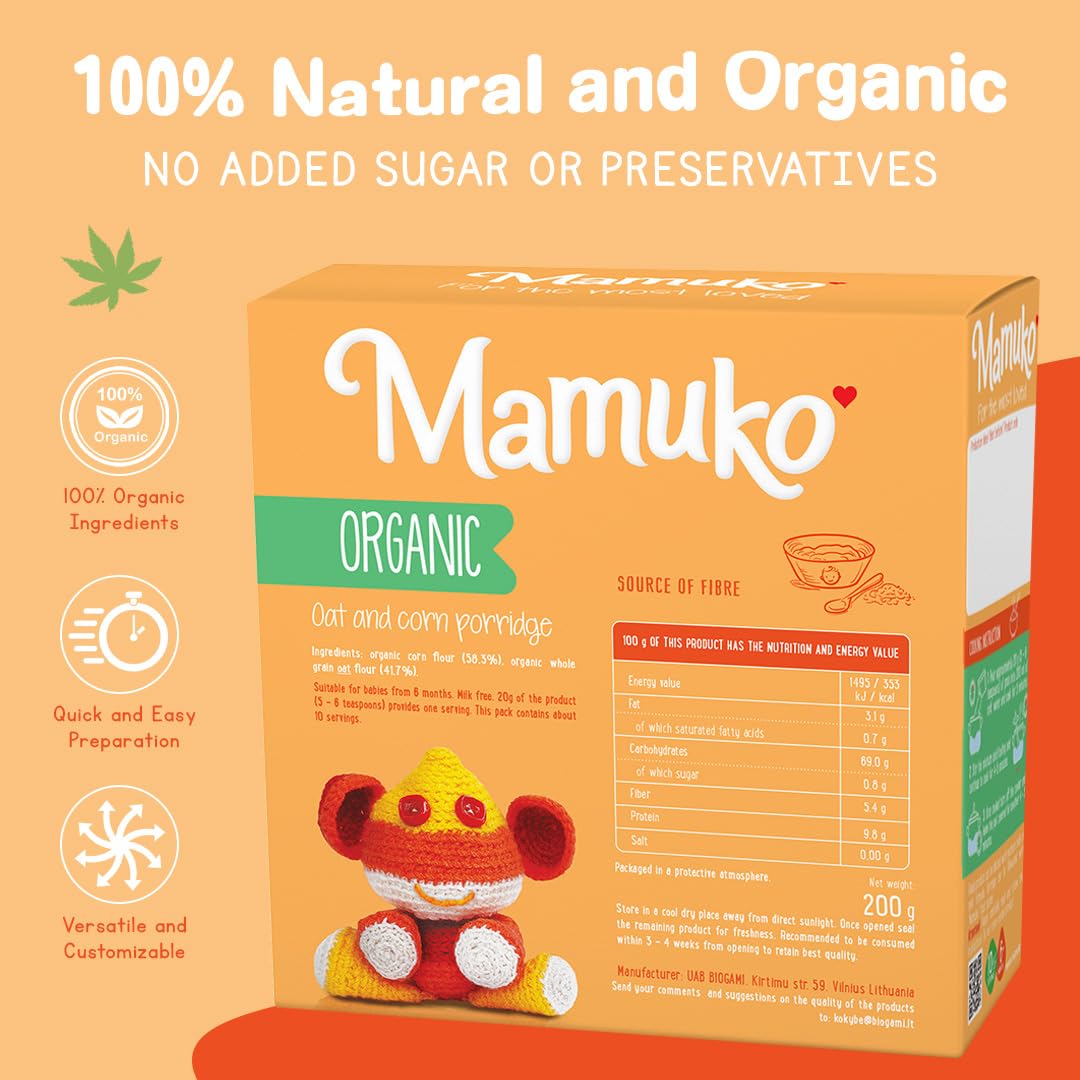 MAMUKO Bouillie d'avoine et de maïs bio – Porridge à haute teneur en fibres sans sucre ajouté, lait et conservateurs – Porridge végétalien idéal pour les tout-petits – (200 g – 10 portions)