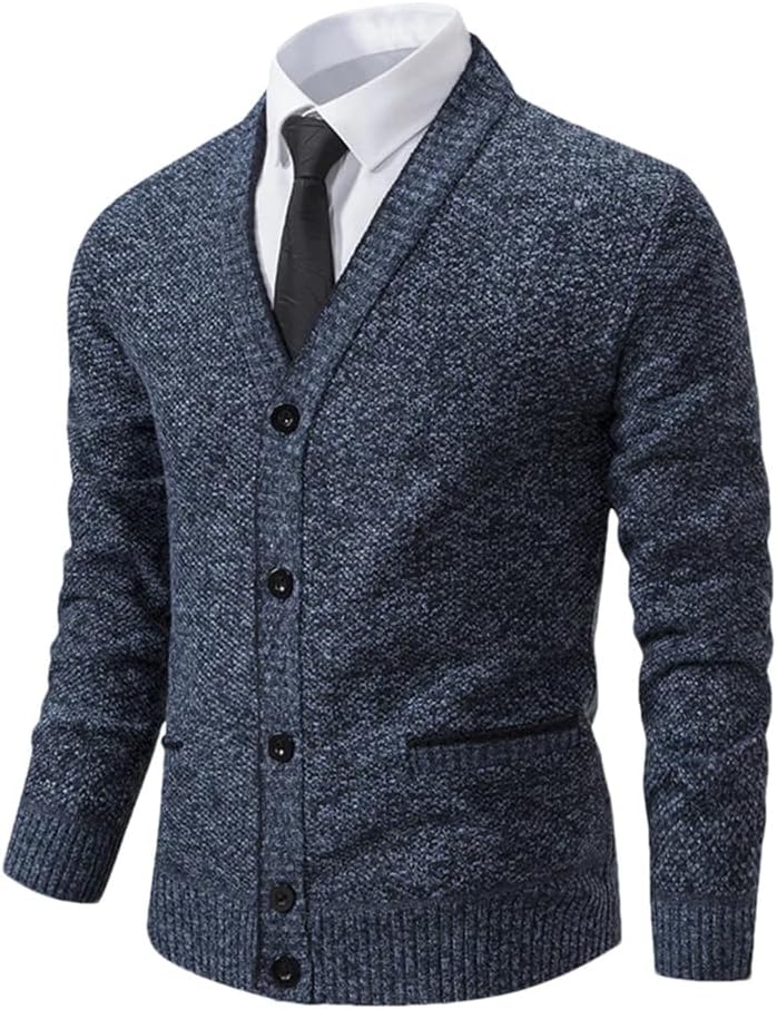 Men's V-Neck Single Breasted Ribbed Patchwork Knitted Cardigan Jacket Solid Color Casual Slim Fit Business Sweater Cardigan