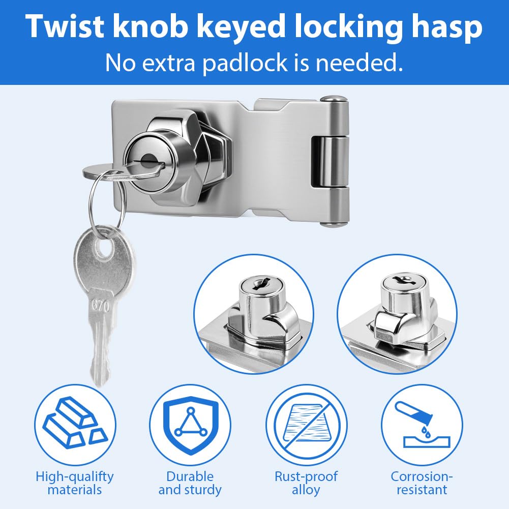 Flintronic Keyed Hasp Lock, 2.5 Inch Door Lock Hasps with 2 Keys, Safety Door Clasp Twist Knob Keyed Locking hasp - Image 3