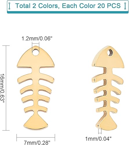 Miniatura 5 de UNICRAFTALE 40pcs 2 colores de espina de pescado colgantes hipoalergénicos de acero inoxidable colgantes de espina de pescado huesos de pescado