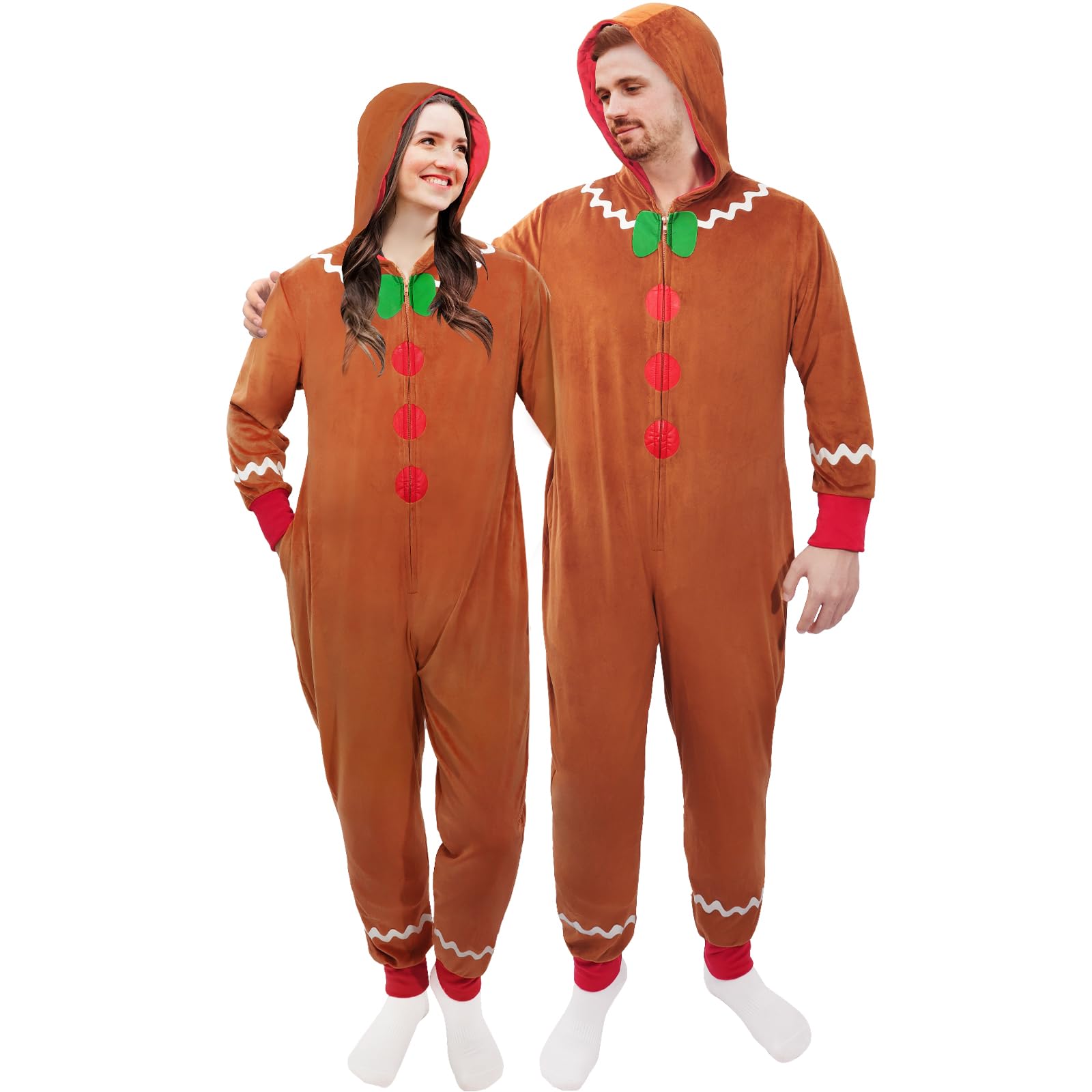 Mprocen Festive Gingerbread Man Jumpsuit Adult Christmas Onesie Costume Xmas Party Pajamas Holiday Cosplay Outfit(XL)
