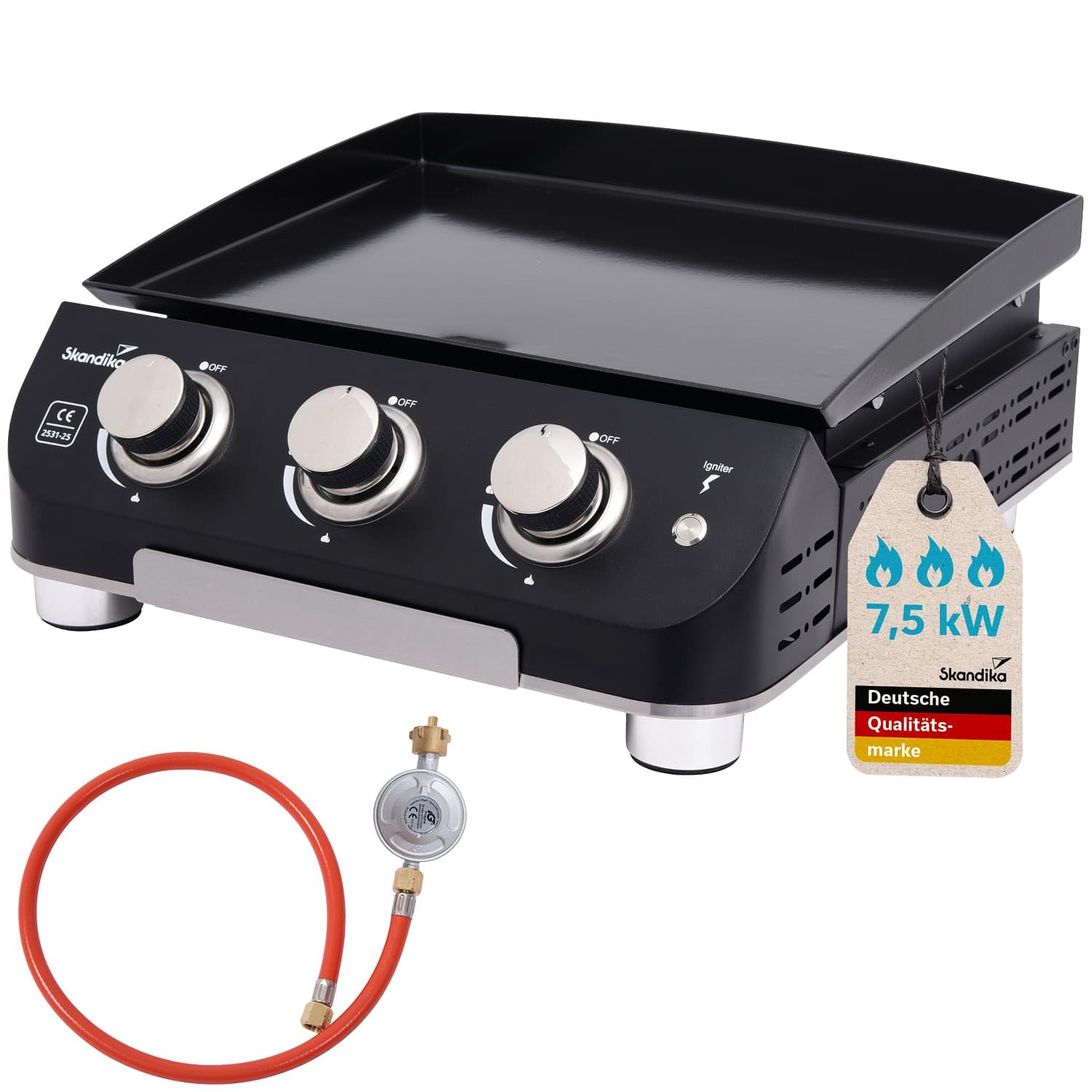 Skandika Gasplancha Palo | Plancha de gas, 3/4 quemadores, bandeja de goteo, parrilla de gas portátil con placa de cocción (3 quemadores/sin tapa)
