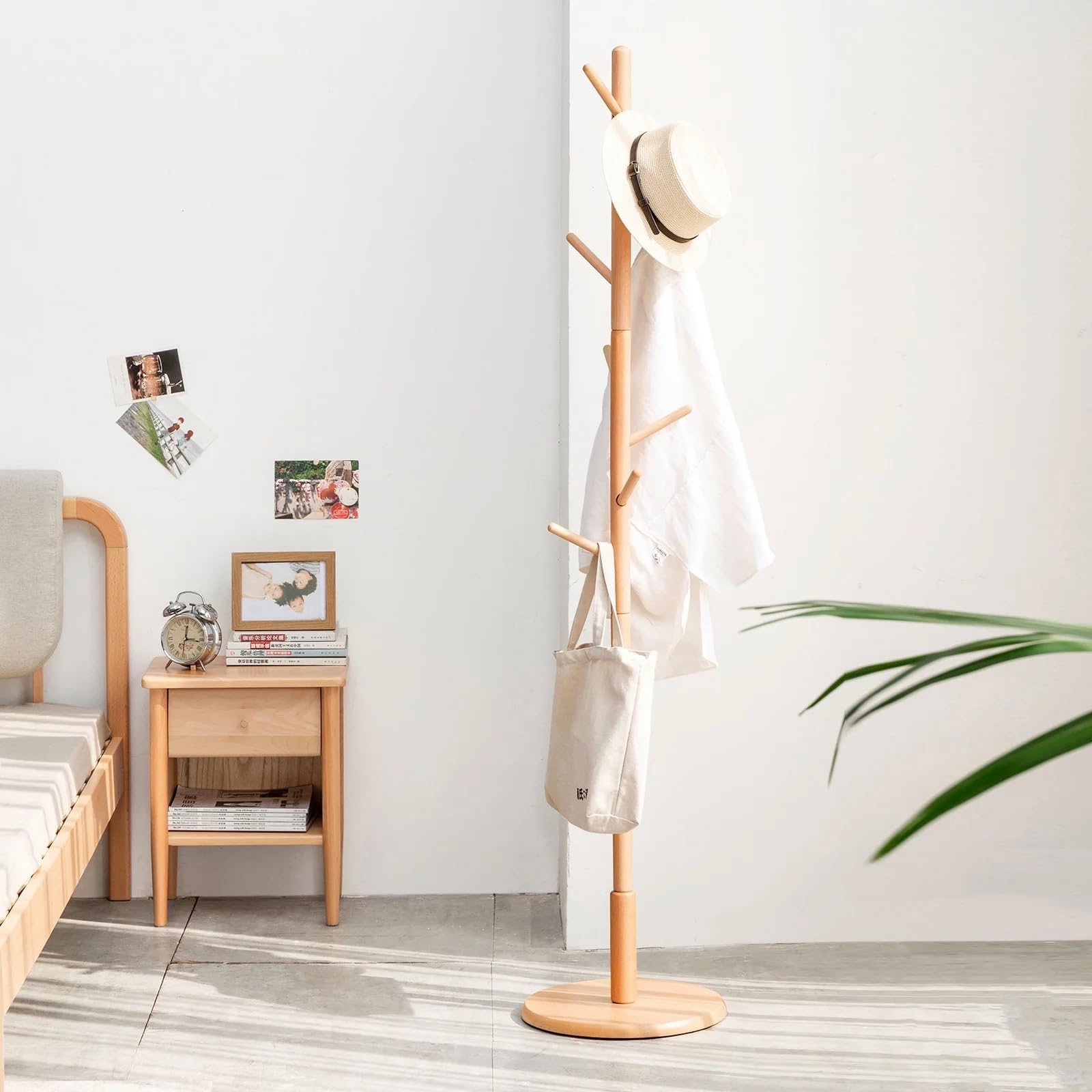 HOME CUBE Wooden Coat Hanger With 8 Hooks Coat Stand,Free Standing Tree Shaped Pine Wood For Coats Hats Scarves Clothes Handbags Round Base Bracket For Living Room & Entryway,Beige,35x35x167 cm