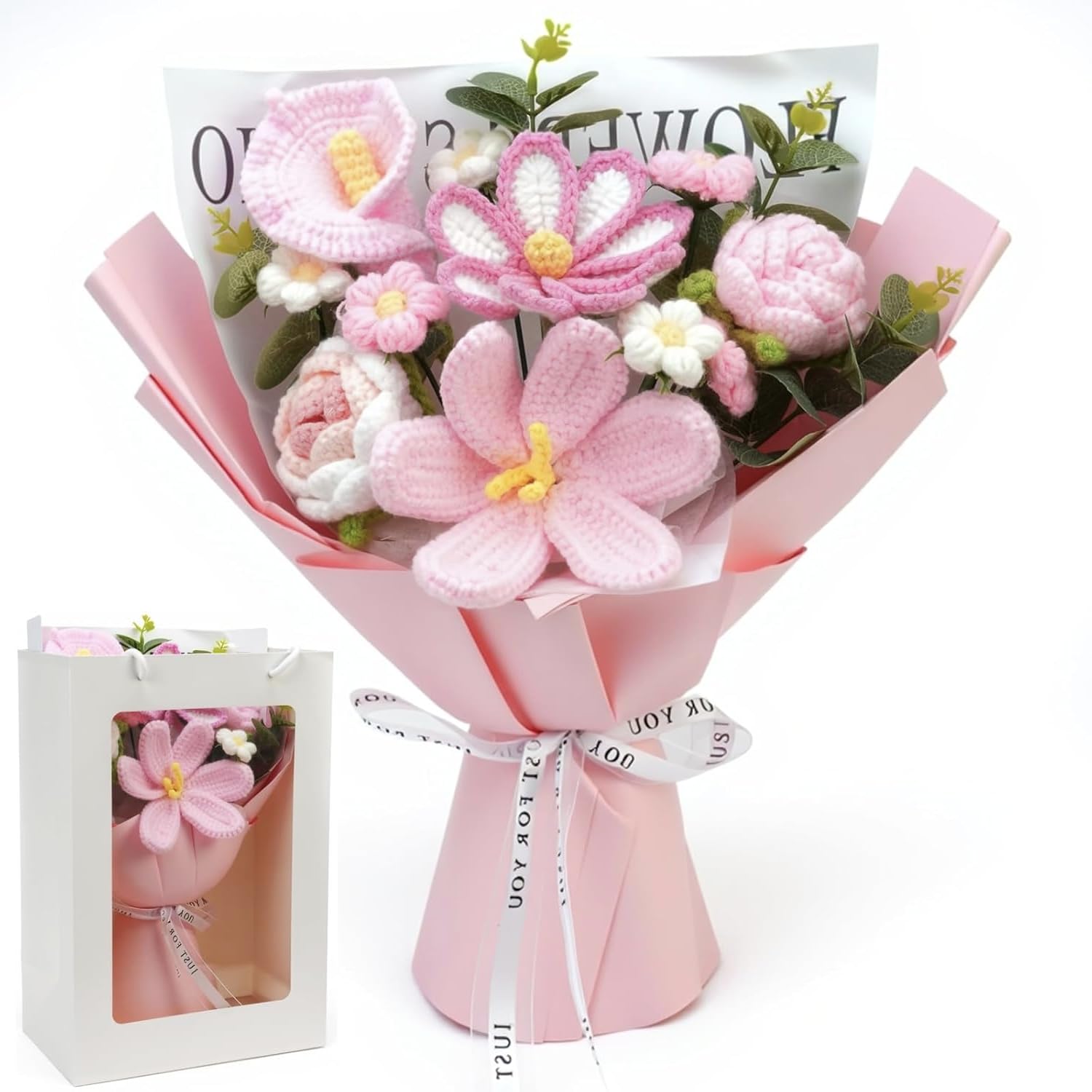 Nzkeuf Pink Crochet Flowers Bouquet, Graduation Bouquet,