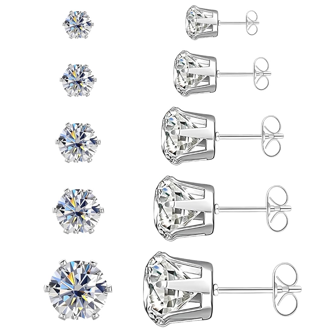 5 Paia Set di Orecchini in Argento, Orecchini a Bottone con Diamanti, Orecchini con Zirconi Cubici Quadrati Rotondi, Orecchini a Bottone Ipoallergenici per Donna Uomo 3, 4, 5, 6, 8 mm