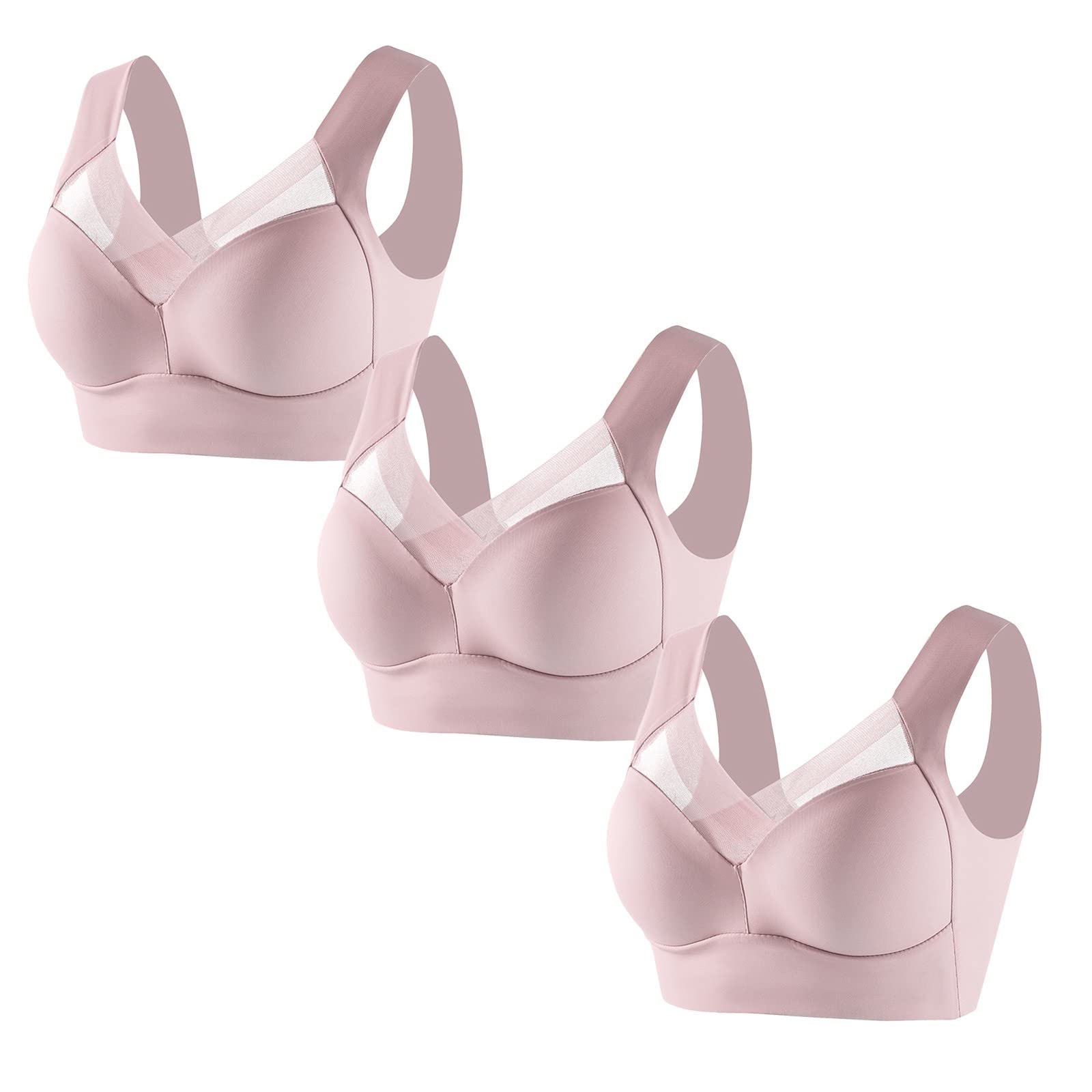 3PC Women's Large Strapless Lace Tank Top Underwear Thin Side Pleated Bust Lift Adjustable Bra, Pink, L