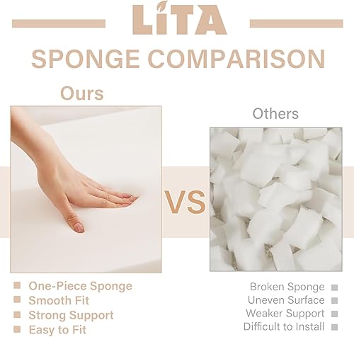 Miniatura 9 de LITA Puf redondo de relleno, pufs de terciopelo con relleno de espuma de alta densidad y funda lavable, puf peludo y esponjoso, taburetes otomanos