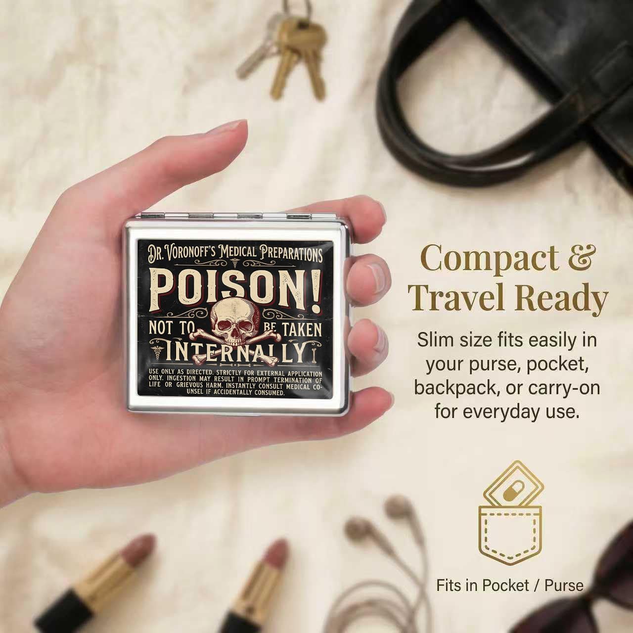 Metal Pill Organizer, 8 Compartment Pill Box with Mirror, Travel Case for Vitamins Supplements and Medication, Small for Purse Pocket (Vintage Poison)