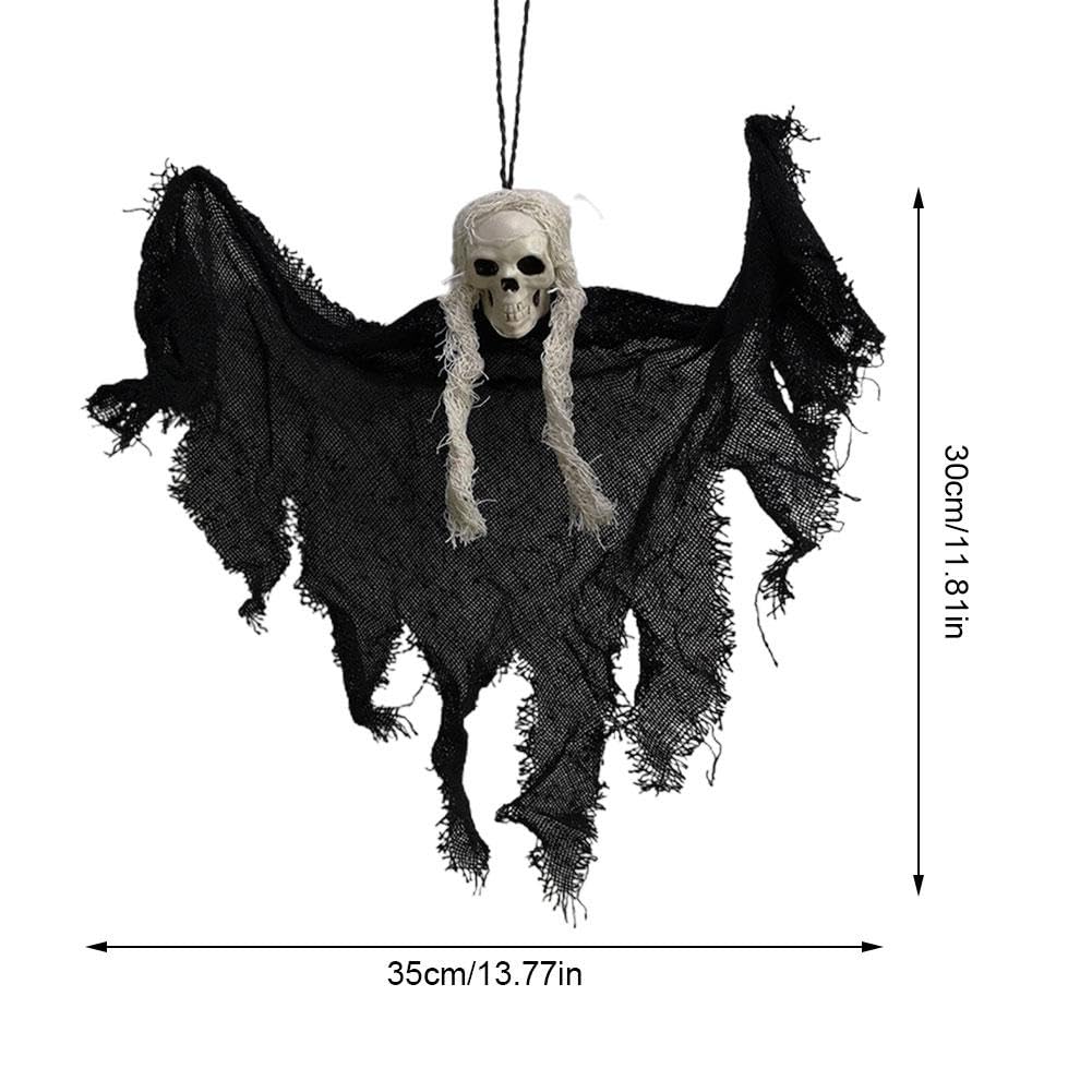 Fantôme D'Halloween à Suspendre 85 Cm - Tête De Mort, Tissu Noir Et Gris - Décoration Effrayante Intérieur/extérieur - 12