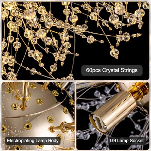 Wellmet Firework Crystal Chandeler,Modern Chandelier for Entryway,Farmhouse Brass Dandelion Chandelier Light Fixture,French Gold Ceiling Lighting for Foyer,Bedroom,Living Room,Closet,Kitchen 20" D by Wellmet - Used condition - Image 6