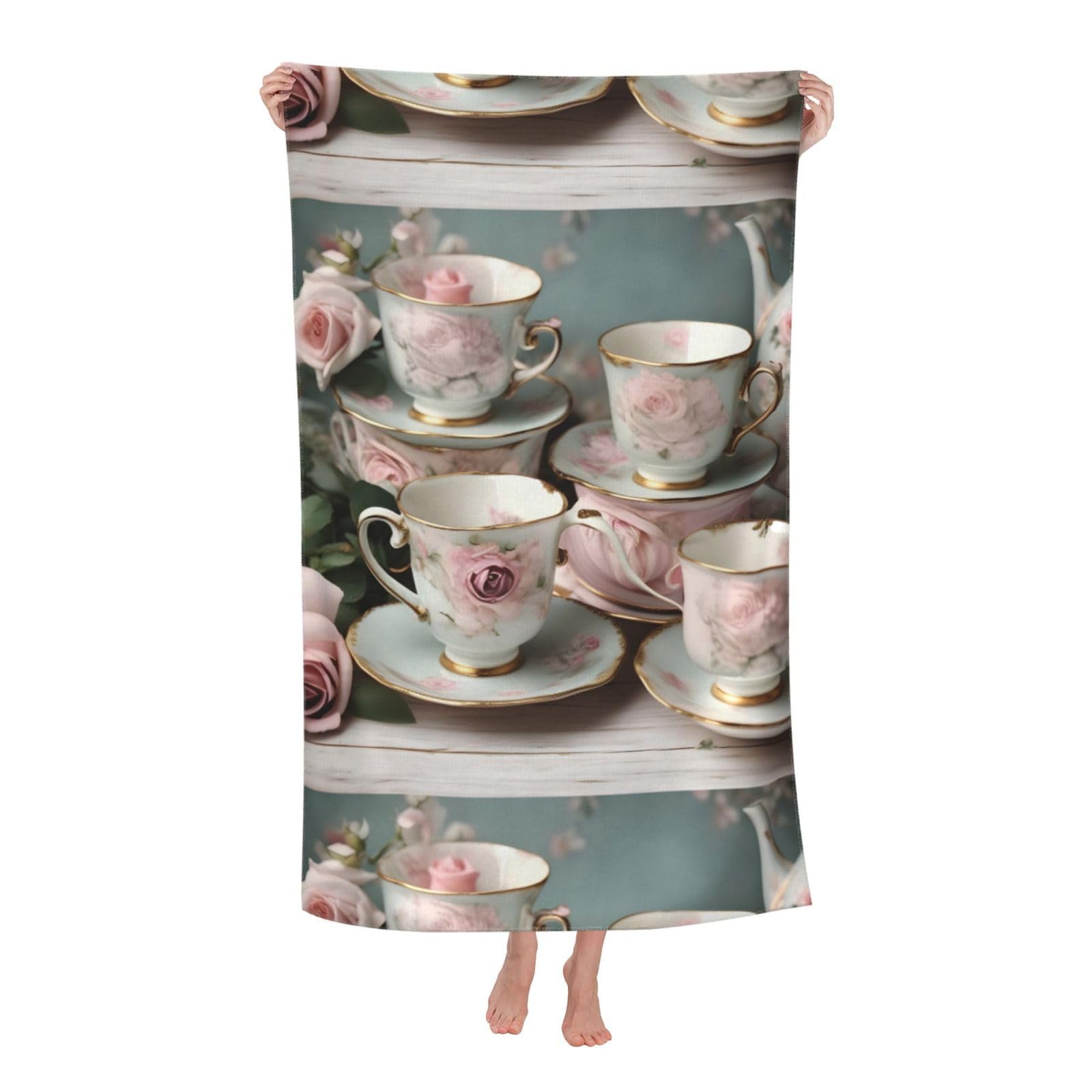 Cbaaghh Tea Cups With Roses Romantic Print Adult Beach Towels,Beach & Pool Towel,Beach Towels,Towels For Camping