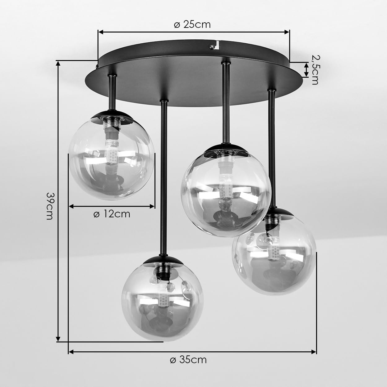HOFSTEIN Deckenleuchte Chehalis, moderne Deckenlampe aus Metall/Glas in Schwarz/Klar, Leuchte im Retro/Vintage-Design, Schirme Ø 12 cm, 4 x G9, Esszimmer, Küche, Wohnzimmer, Schlafzimmer