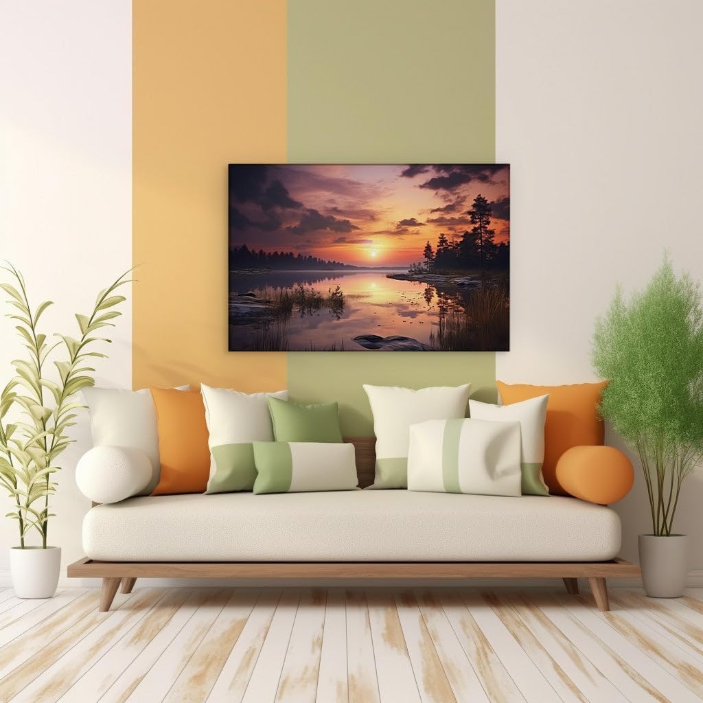 Canvas for Living room. Serene Waterfront Splendor Bathed in Sunset's Warm Glow, 27 x 18 inch Canvas Wall Art - Contemporary Masterpieces - Modern Home Decor