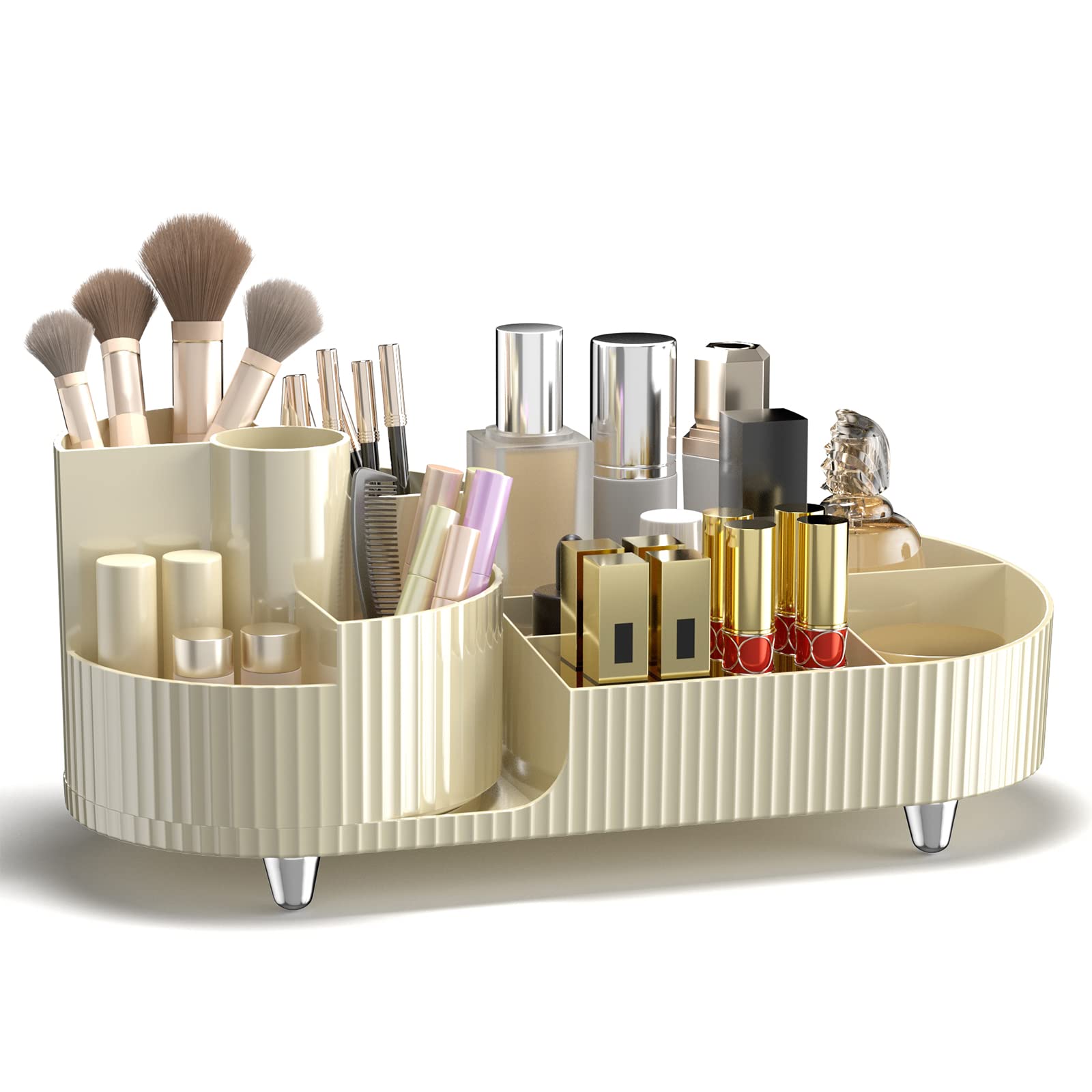 Macallen Makeup Organiser Cosmetic Storage Box, Cosmetics Organiser 360° Rotating Make up Organiser for Eyeshadow Brush, Make Up Storage Organizer Box for Dressing Table Bedroom, Cream Yellow