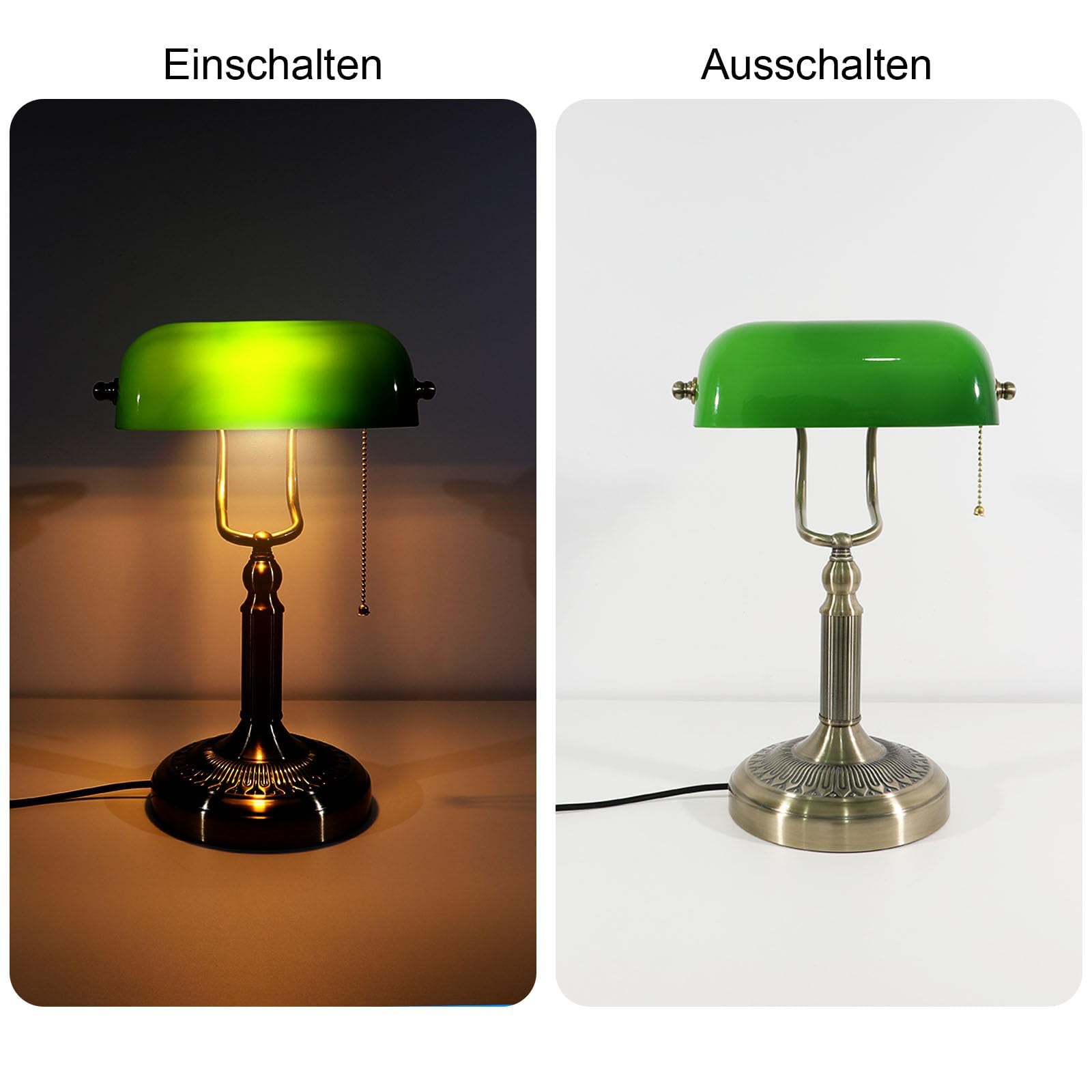 Grüne Banker-Tischlampe aus Glas – Klassische Retro-Tischlampe mit Stecker und Bronzesockel, Zugkettenschalter, geeignet für Büro, Bibliothek, Arbeitszimmer, Homeoffice, Schlafzimmer