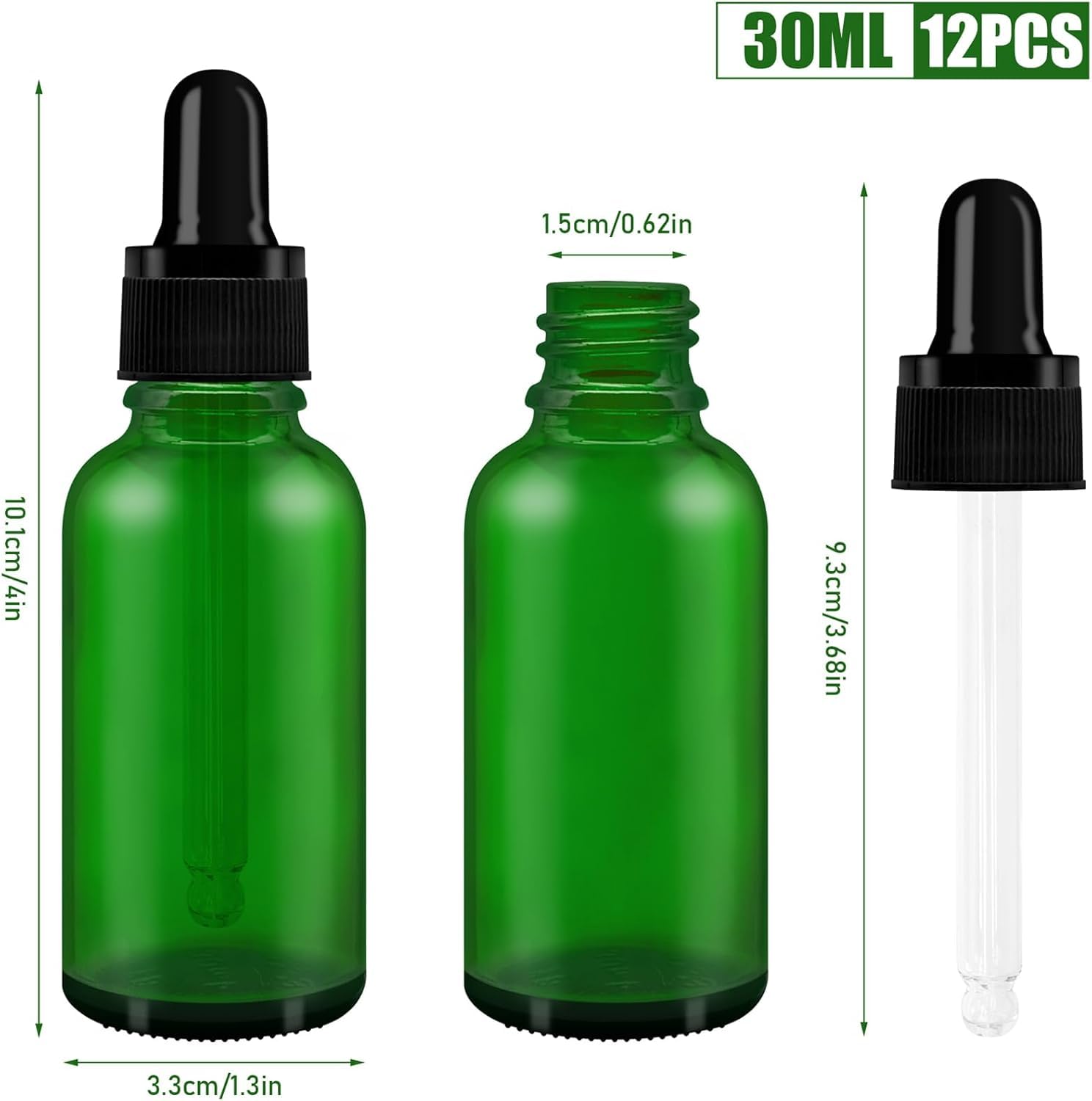 AMJKEJI Butelki z pipetą 30 ml, butelka z lejkiem do pipety, butelka perfum z zakraplaczem, szklany zakraplacz do olejków eterycznych, perfum, aromaterapia, zielone, 12 sztuk