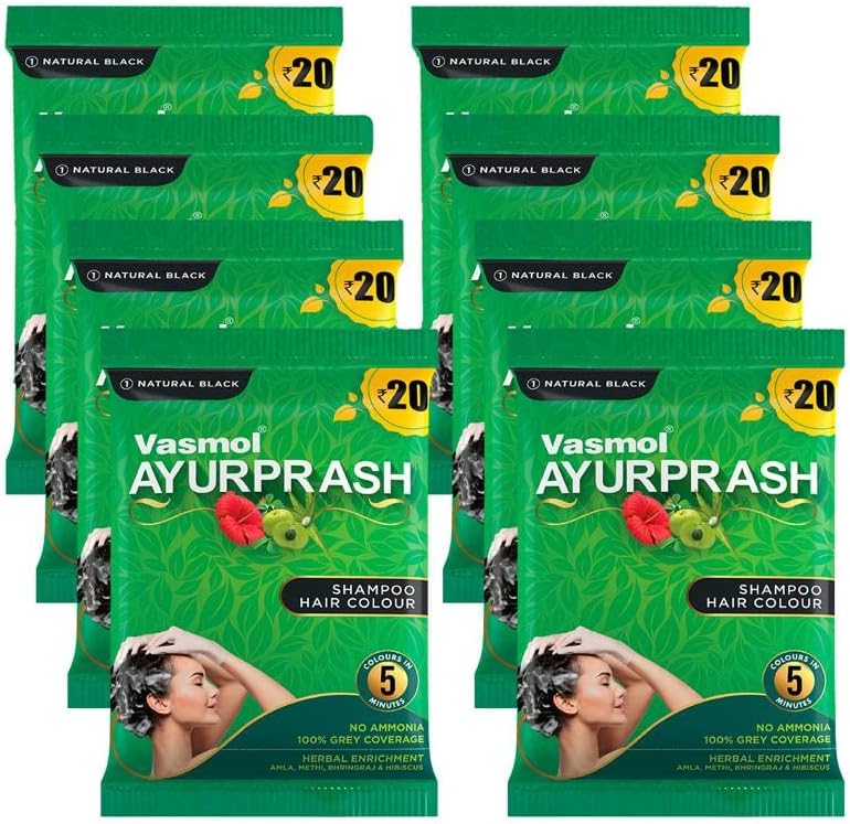 VASMOL AYURPRASH SHAMPOO HAIR COLOR-Natural Black (Pack of 8)