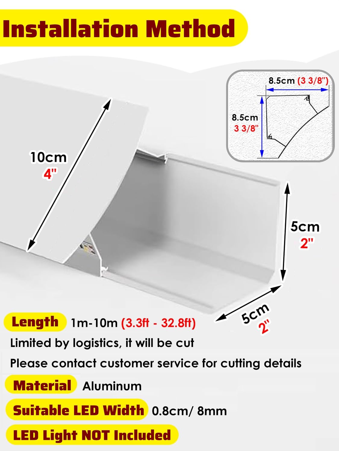 Moldura de remate de Techo, moldura de pladur para iluminación indirecta para Tiras LED, Perfil de Canal versátil para Dormitorio, Cocina, Hotel y Centro Comercial, Longitudes de 1 a 10 m, d
