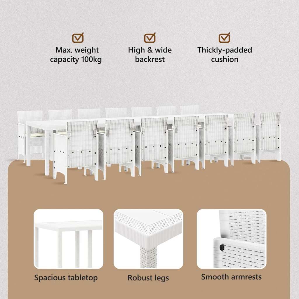 vidaXL Set da Pranzo da Giardino con Cuscini 15 PCS Bianco PP, Set da Pranzo per familiari all'aperto, Rettangolare, arredo Moderno, Chic per Feste in Giardino