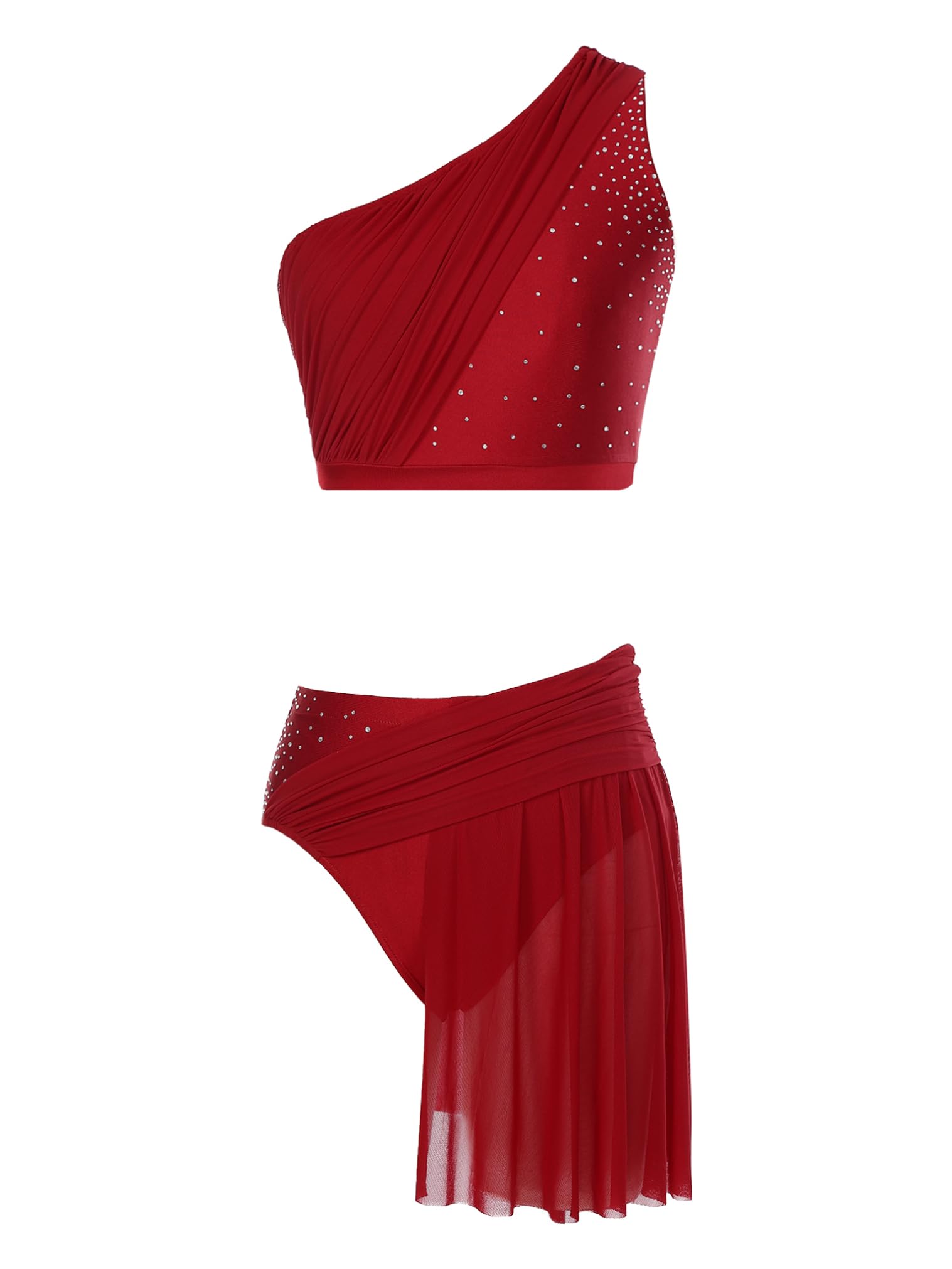 JEATHA Damski 2-częściowy kostium Lyrical Dance ze strasu Crop Top Mesh Tiul Trykot Spódnica dla dorosłych, nowoczesny strój do tańca