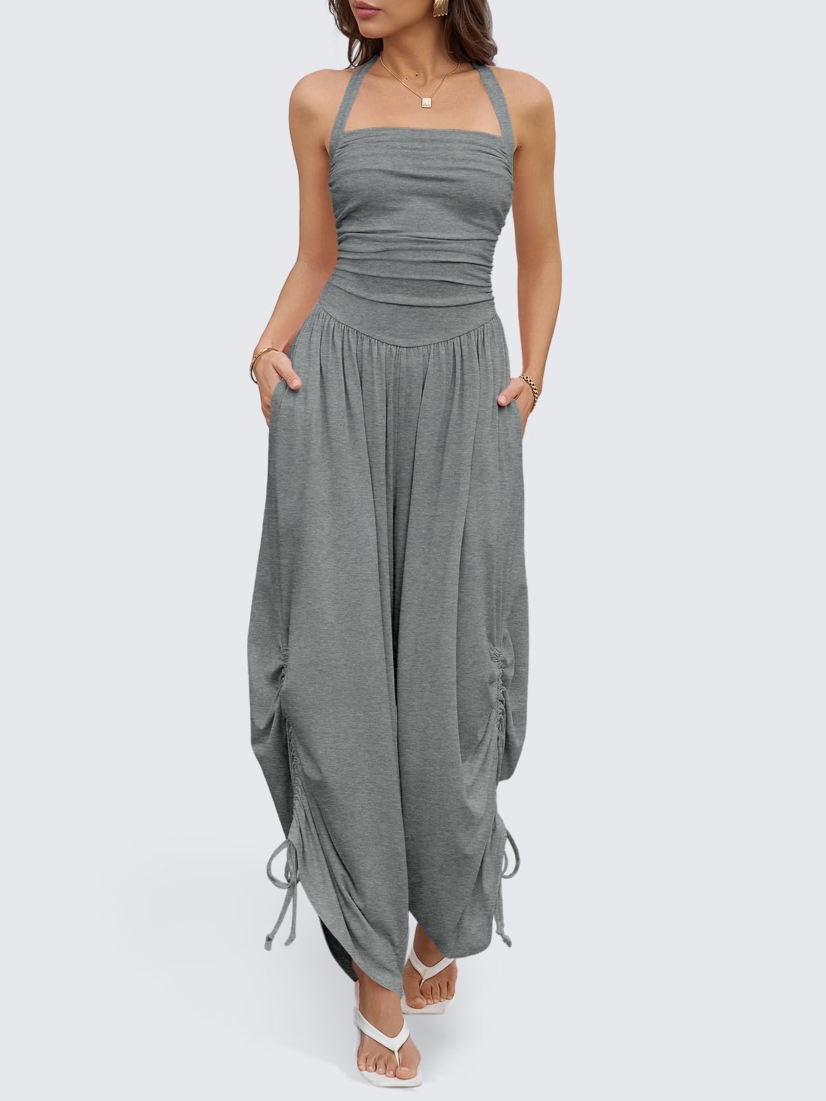 Fisoew Womens Halter Straps Sleeveless Square Neck Overalls Ruched Barrel Wide Leg Side-cinch Jumpsuits Rompers With Pockets Tute Donna (Pacco da 1)