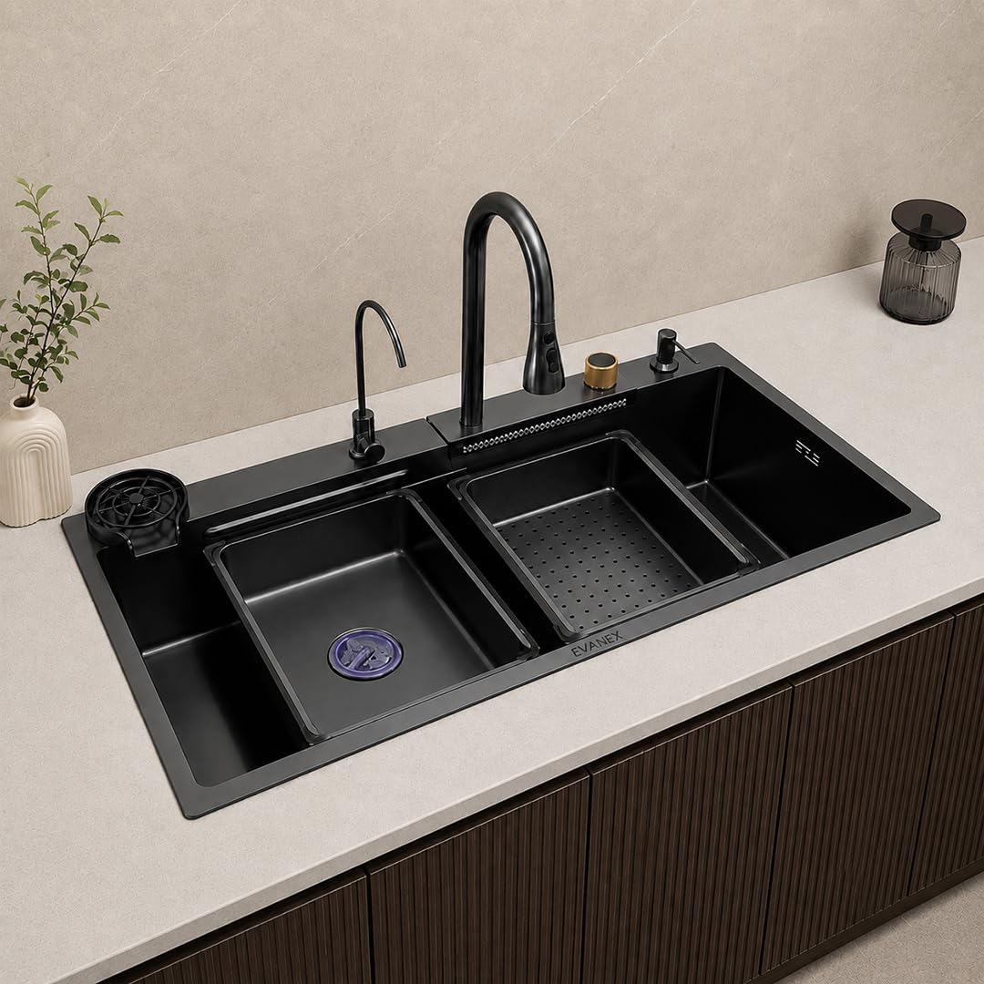 EVANEX EVANEX Kitchen Sink 37"x18"x9" Waterfall Sink 304 Grade Stainless Steel Single Bowl Kitchen Sink Anti Scratch Honeycomb Black Matt Finish Sink with Integrated Waterfall & Pull Out Faucet