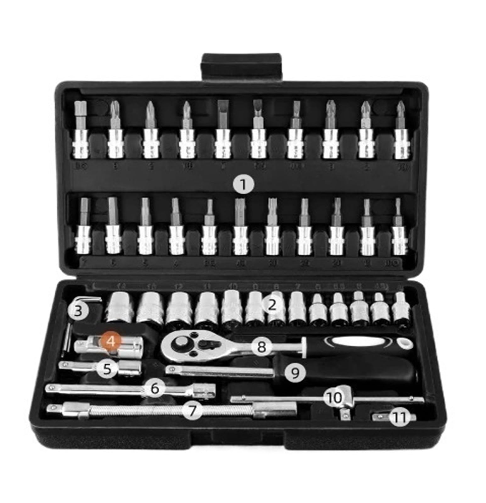 Juego de Llaves Tubo 46/22 Piezas con accionamiento 1/4" y 3/8", Kit Herramientas Profesional Acero Estuche Compacto Negro for reparación automóviles para Hogar o Garaje(46PCS)