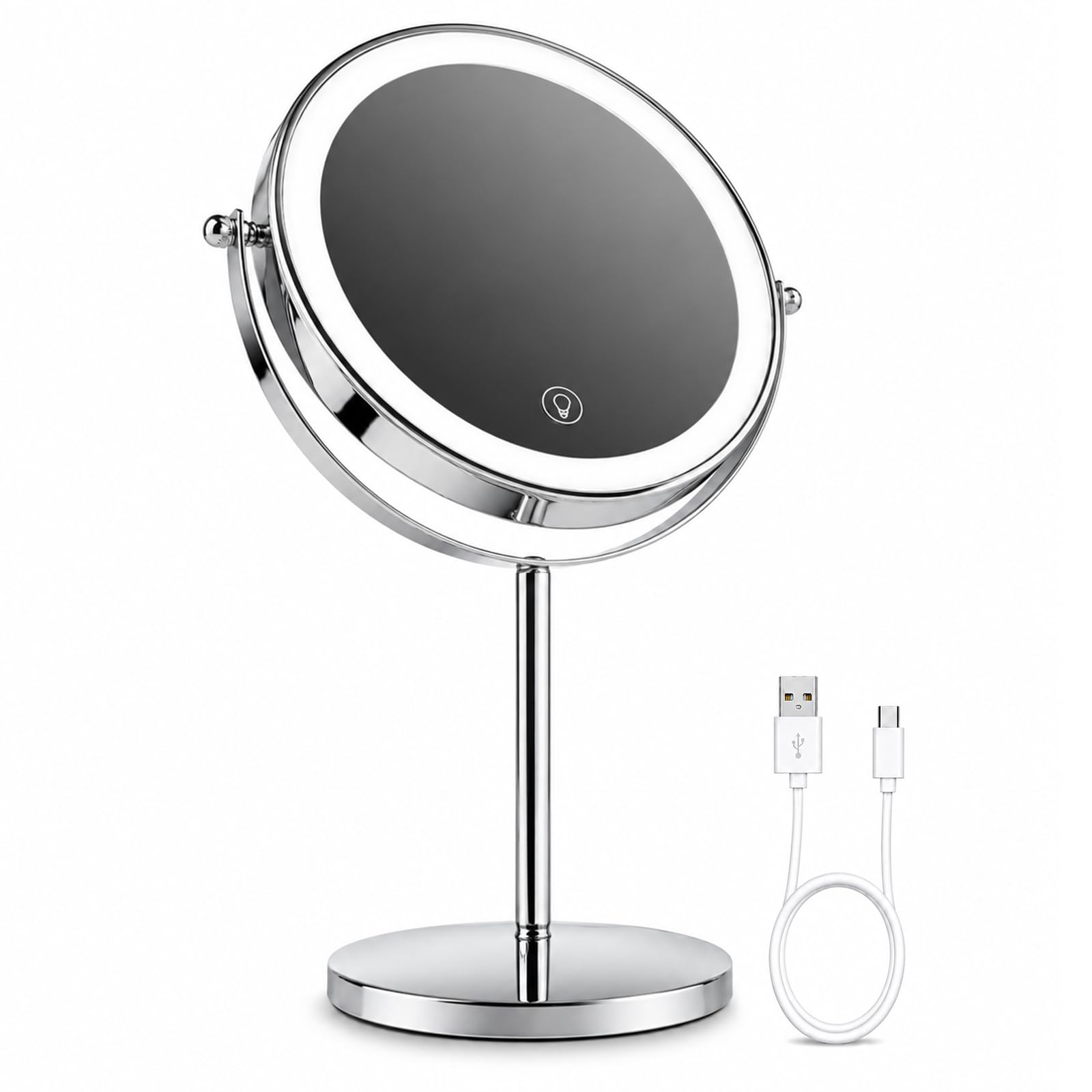Ysenchan 8'' Lighted Makeup Mirror, Rechargable Vanity Mirror with 3 Color Lights, Double Sided Mirror with 5X Manification, 360° Rotation Cosmetic Mirror Mirror with Dimmable Lights-image-38
