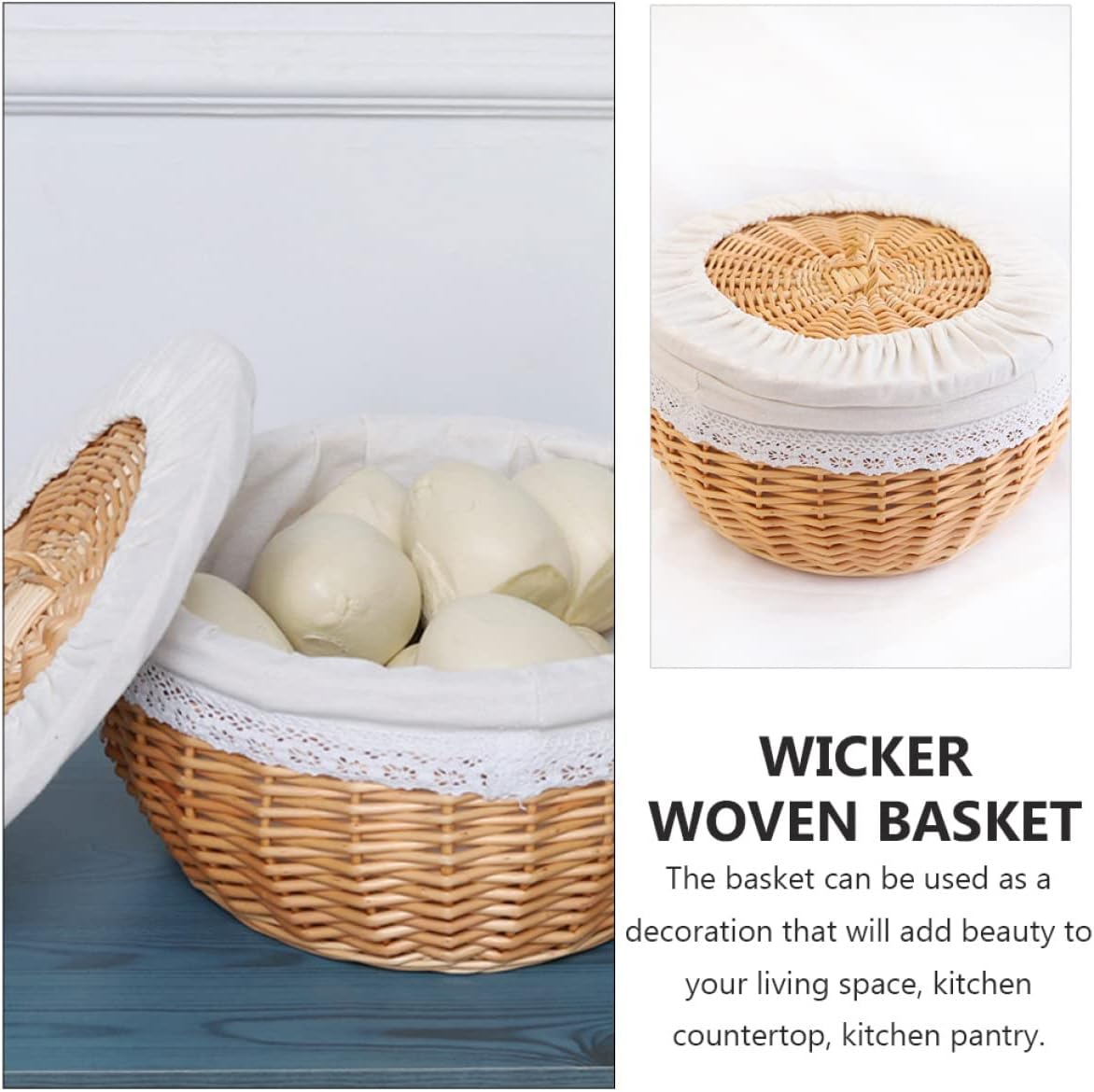 Cabilock Bread Basket for Serving Set, 9.8x5.5" Wicker Food Storage Basket with Removable Liner and Cover, Woven Rattan Fruit Basket Tabletop Food Vegetables Serving Basket