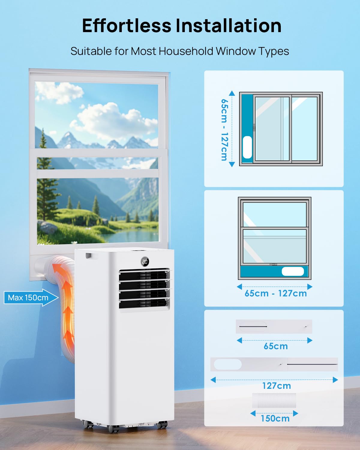 Aire Acondicionado Portatil 7000 BTU con Kit Ventana, 4 en 1 Refrigeración/Ventilador/Deshumidificador/Modo Sueño, Mando a Distancia, Temporizador 24h, Ruedas 360°, Silencioso para Dormitorio Oficina