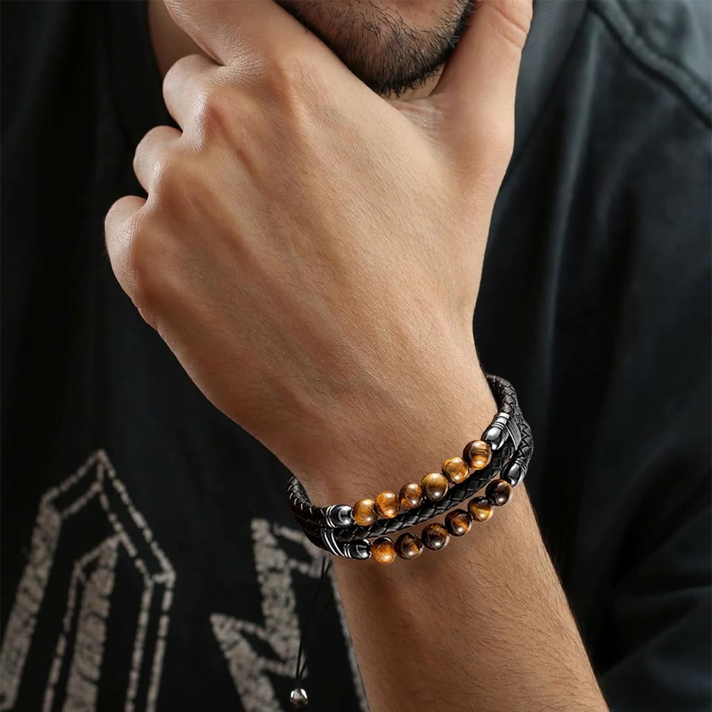 Mens Leather Braided Tiger Eye Bead Bracelet Stainless Steel Clasp Cuff Bracelets Gift for Men Him