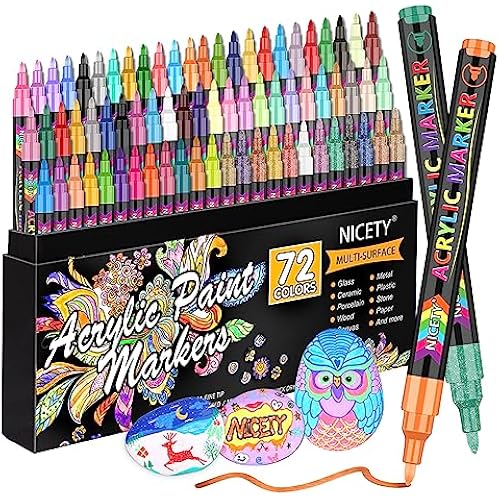 NICETY 72 Colors Acrylic Paint Pens Paint Markers, Extra Fine Tip Point Acrylic Paint Pens for Rock Painting, Canvas, Wood, Ceramic, Glass, Stone, Fabric, Crafts & Art Supplies