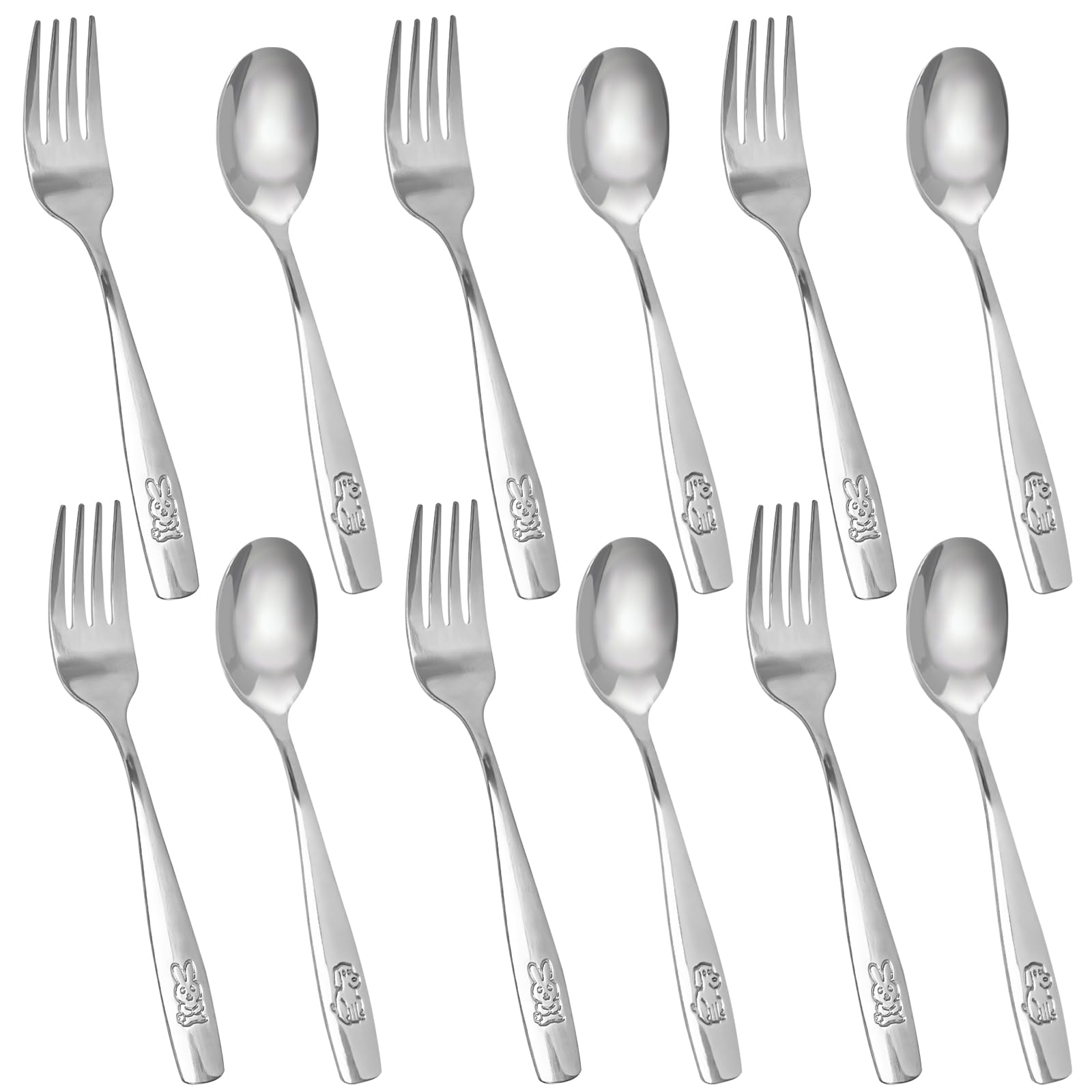 HAKSEN 12PCS Toddler Utensils, Stainless Steel Kids Silverware, Safe Toddler Forks and Spoons, Mirror Polished, Dishwasher Safe, with Bunny & Puppy