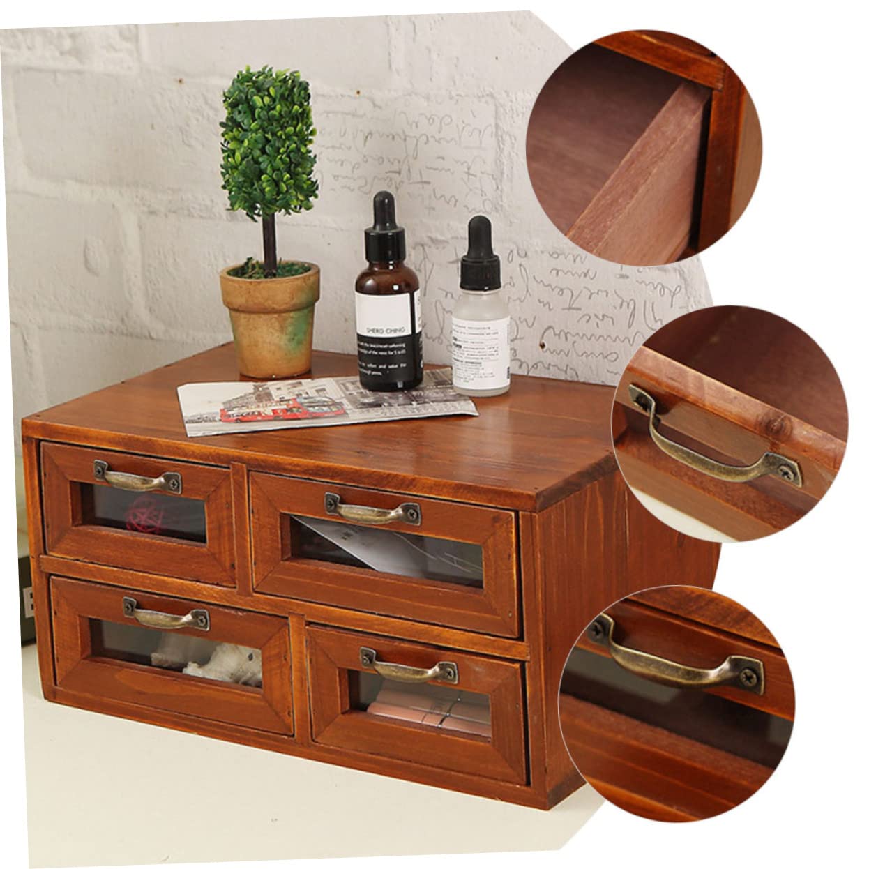 SHINEOFI Rustikaler Schreibtisch Organizer mit 4 Schubladen Doppellagiges Design und Staubschutz für Büro und Zuhause Aufbewahrung