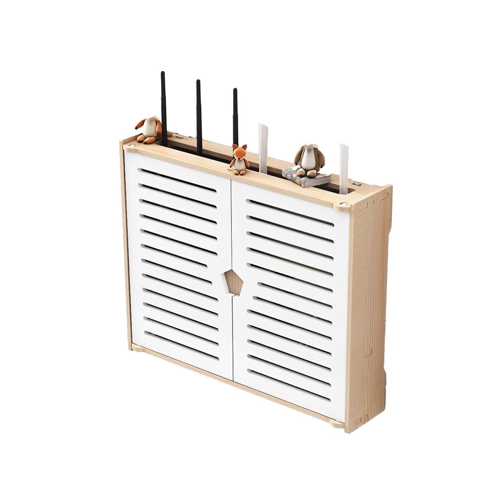 2-poziomowy router WiFi, ukryta skrzynka do listew zasilających, dekoracyjna, naścienna, domowa półka do przechowywania mediów, zarządzanie kablami, drewno nizer, 37 x 10 x 28 cm