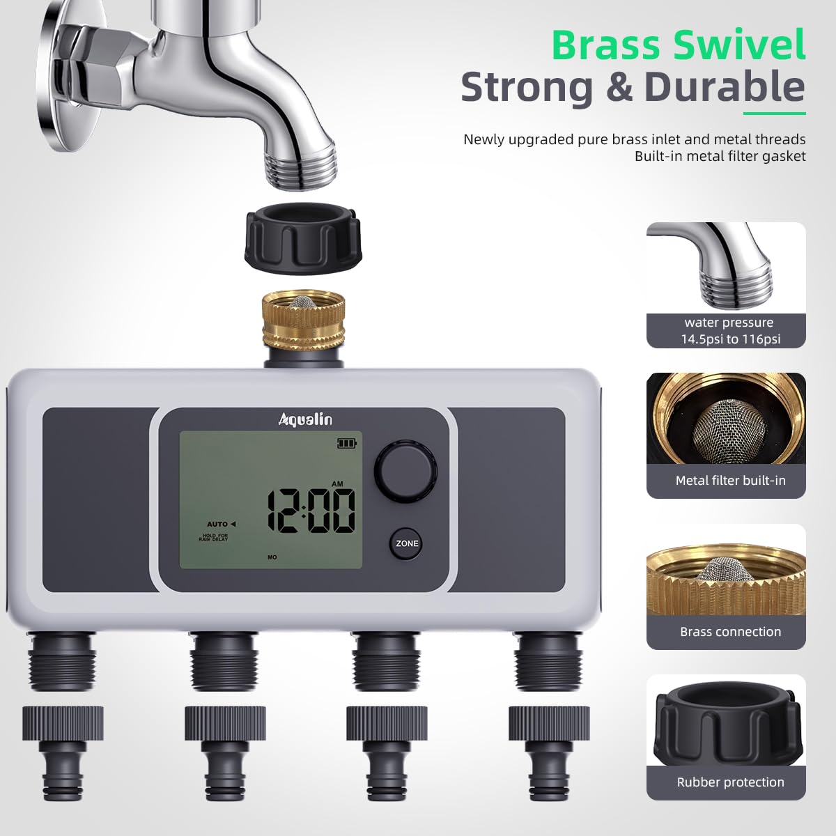 Aqualin 4-Outlet Water Timer Automatic Irrigation Hose Sprinkler Timer 4 Zone Programmable Garden Watering Systems Controller - Image 3